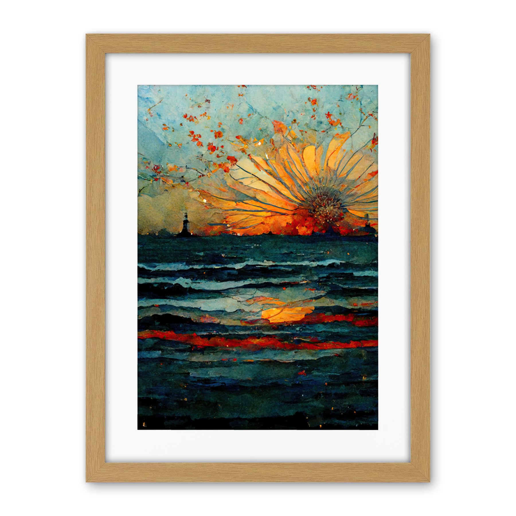 Artery8 Seascape Sunset Port City Waves Horizon Artwork Framed Wall Art Print 18X24 Inch