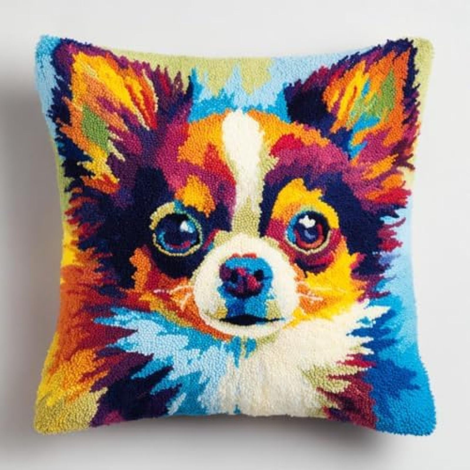 kitphoenix DIY Latch Hook Cushion Cover Kit for Adults,Chihuahua Long Hair Cute Portrait,Embroidery Crochet Craft Kit with Pre-Cut Yarn,Printed Canvas and Hook,43x43 cm