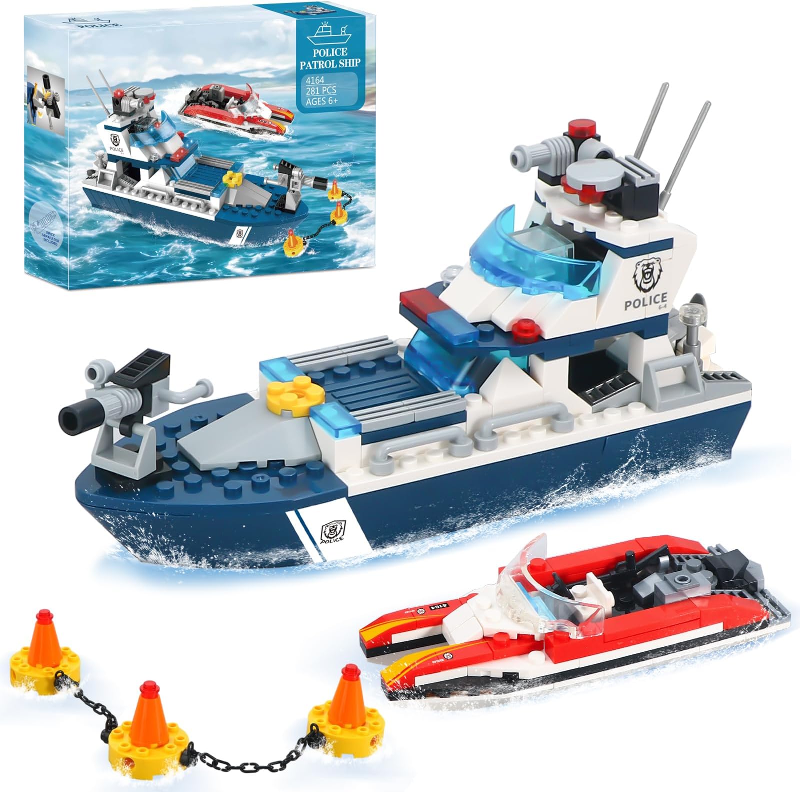 City Police Patrol Boat Building Blocks with Race Boat, Coast Guard Ship Cop Chase Crook Boat Building Toys, Police Toy Gift for Boys Kids Aged 6-12, 285 Pieces