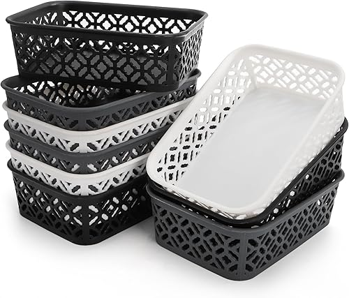 ZEAYEA Paquete de 9 cestas pequeñas de almacenamiento de plástico, cestas organizadoras para estantes, cajón de escritorio, despensa, cestas tejidas