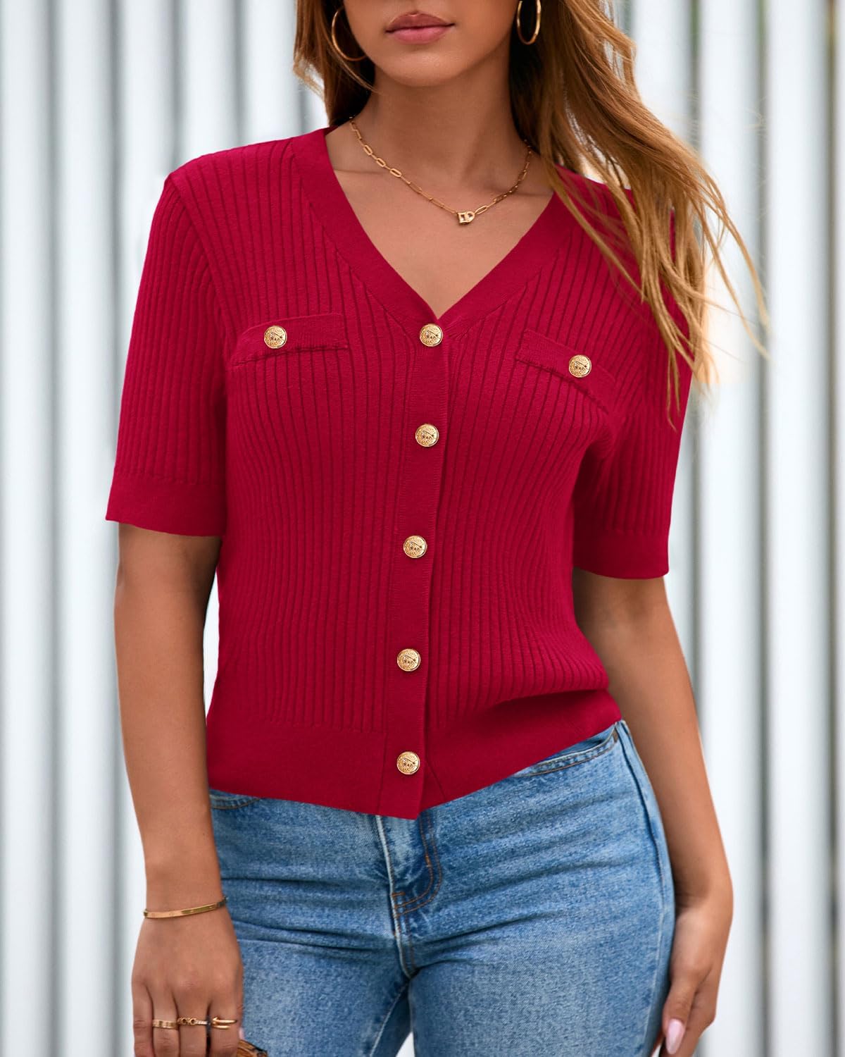 Zenlonr Women's 2025 Summer Button Down Shirts Casual Short Sleeve Blouse Tops V Neck Ribbed Knit Cardigans - Image 4