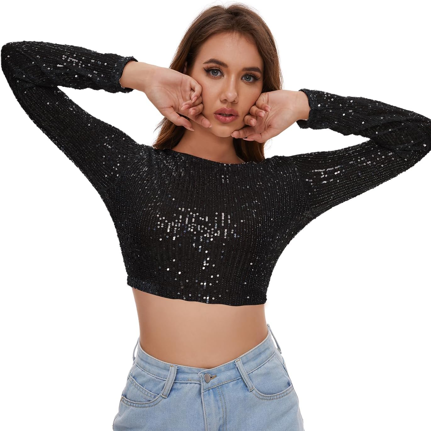 Sequin Crop Top Long Sleeve Sequin Top Sparkle Crop Top for Disco Rave Concert Party - Image 4