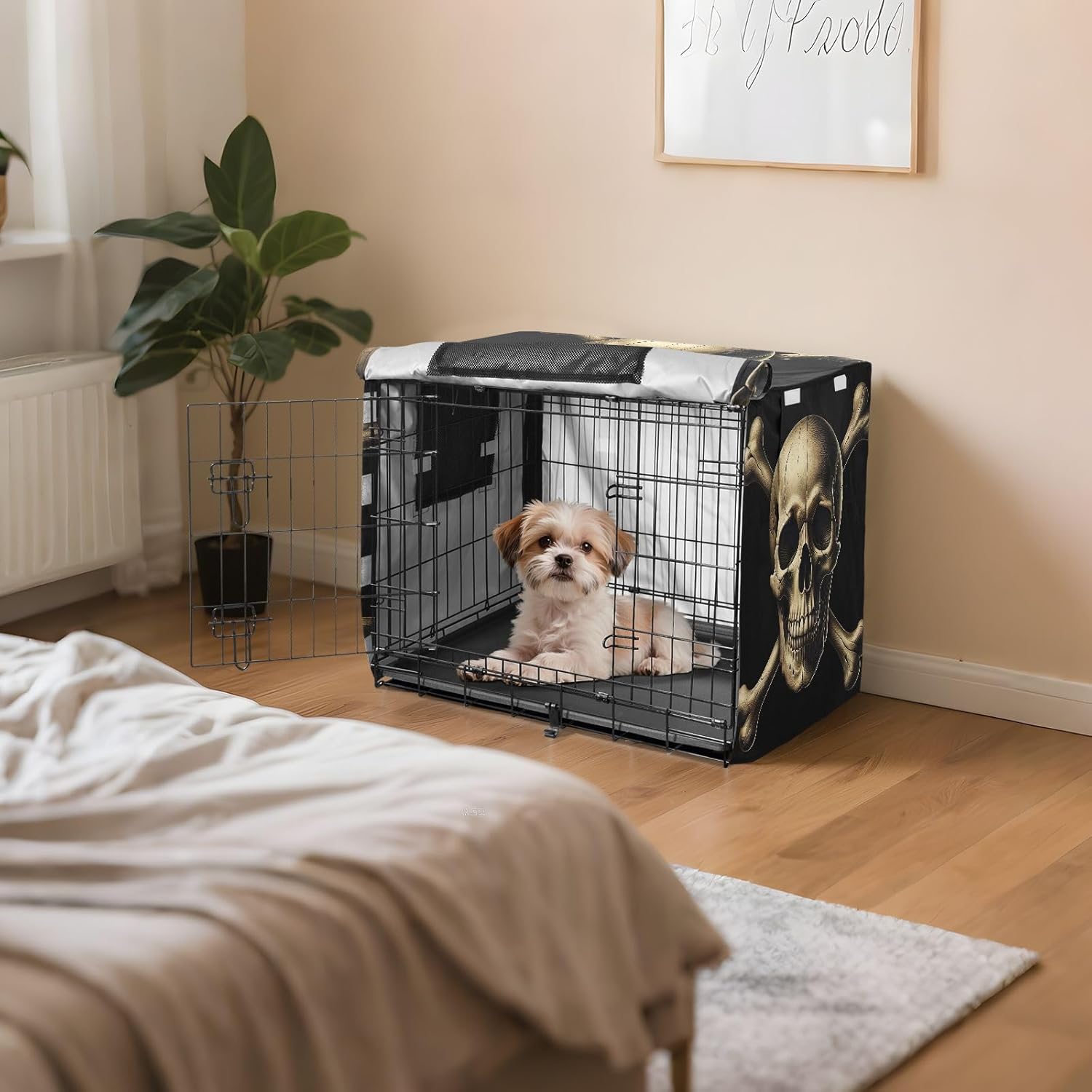 Jolly Roger Pirate Skull Dog Crate Cover Roll-up Side Panels, Pet Cage Cover with Openings, Large