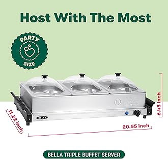 BELLA 3 x 1.5 Quart Triple Electric Buffet Server, Food Warming Tray & Slow Cooker - Brushed Stainless Steel Heated Serving Station for Parties & Catering