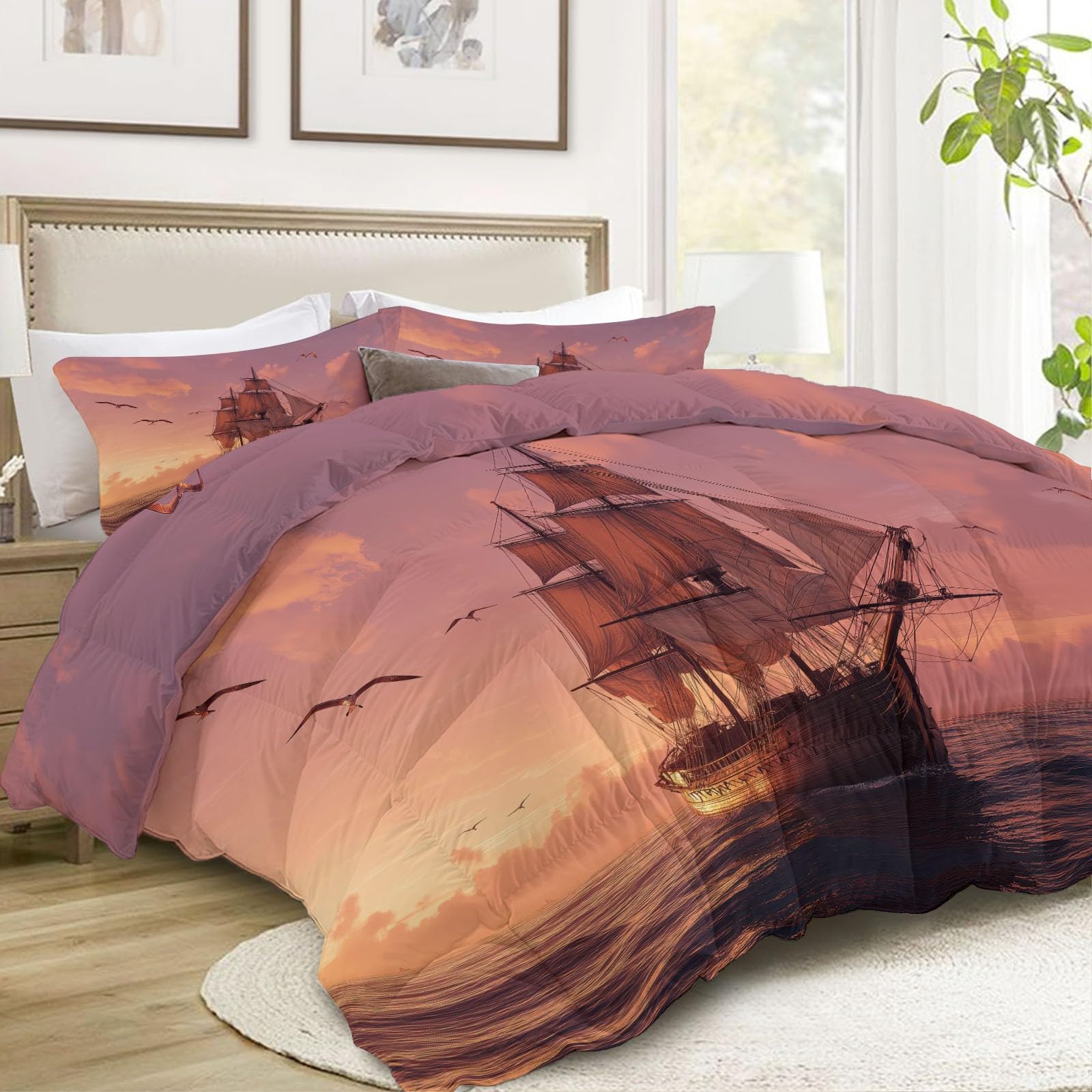 Genérico Komfortowa kołdra 220 x 240 cm styl żeglarski zwierzęta mewy żaglówki Edredon nadruk z wypełnieniem z włókna, nordycka zimowa miękka, lekka, dwustronna i oddychająca, różowa