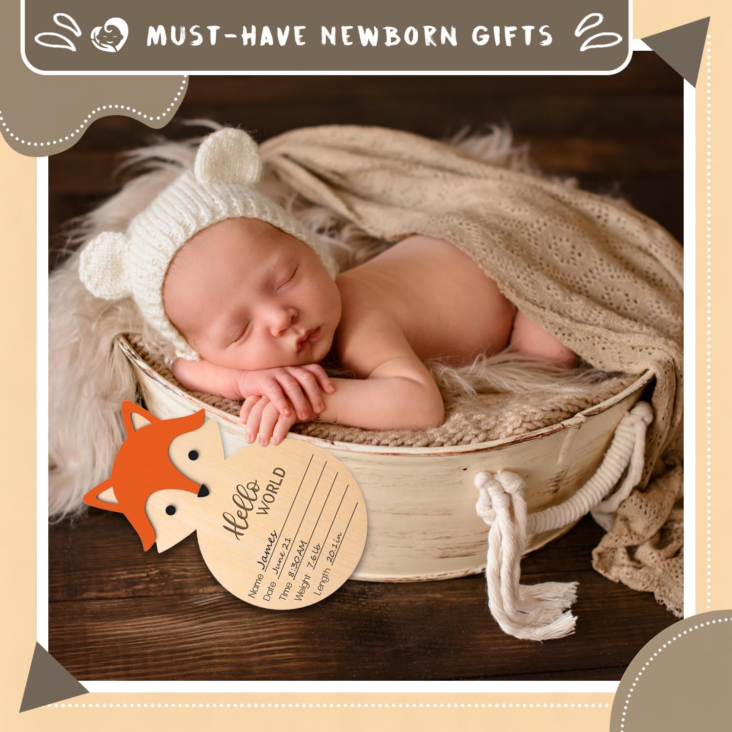 Hello World Wooden Baby Newborn Birth Announcement Sign, Baby Announcement Sign for Hospital, Newborn Photography Props for Nursery, Bear Shape Welcome Sign for New Mom Boys Girls (Fox)