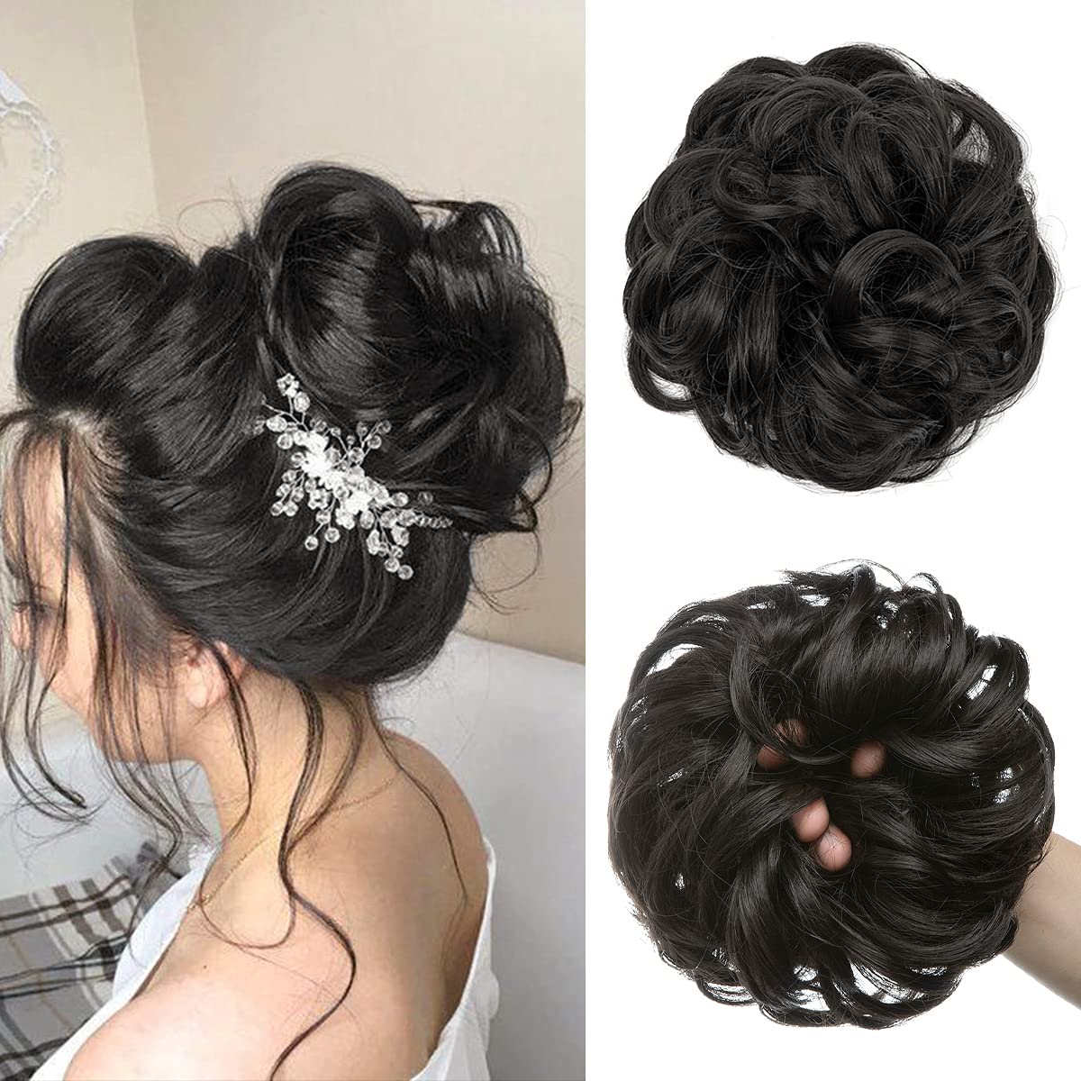 Sankrityayan Large Messy Bun Hair Piece Wavy Curly Off Black Scrunchies Synthetic Chignon Ponytail Hair Extensions Thick Updo Hairpieces Ideal for Women