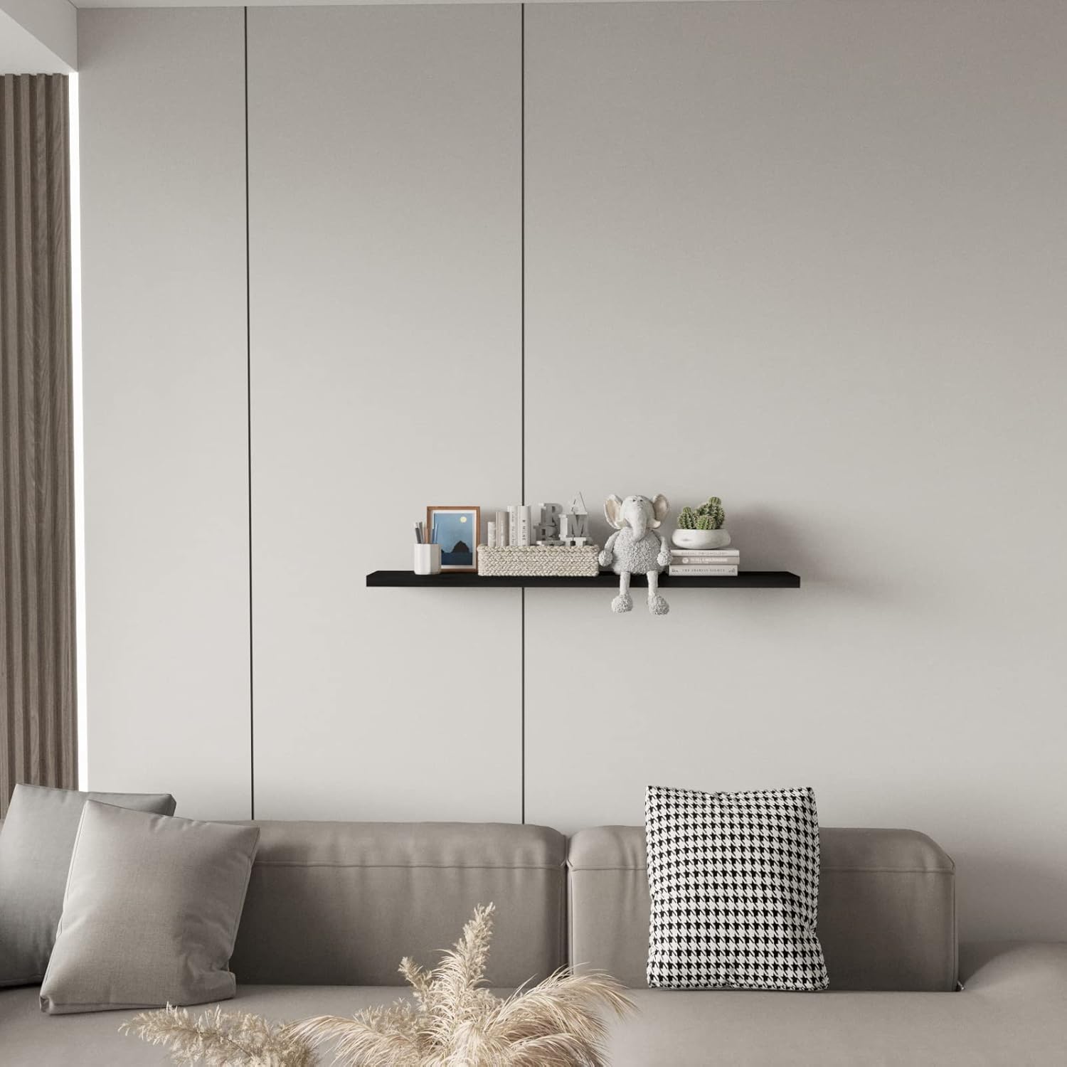 SAUMONIERES Floating Wall Shelves for Bedroom Bathroom Wall Mounted Solid Wood Shelf Storage Decor, Long Black Floating Shelf