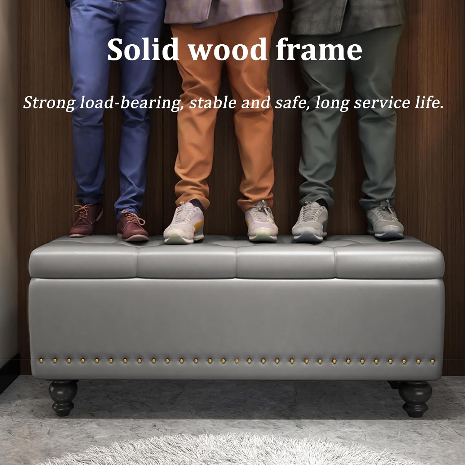 Waterproof Storage Bench Upholstered Footstool Solid Wood Shoe Rack Non-Slip Ottoman for Bedroom Living Room Entryway Dressing Room Office (40x40x43CM Dark Green)