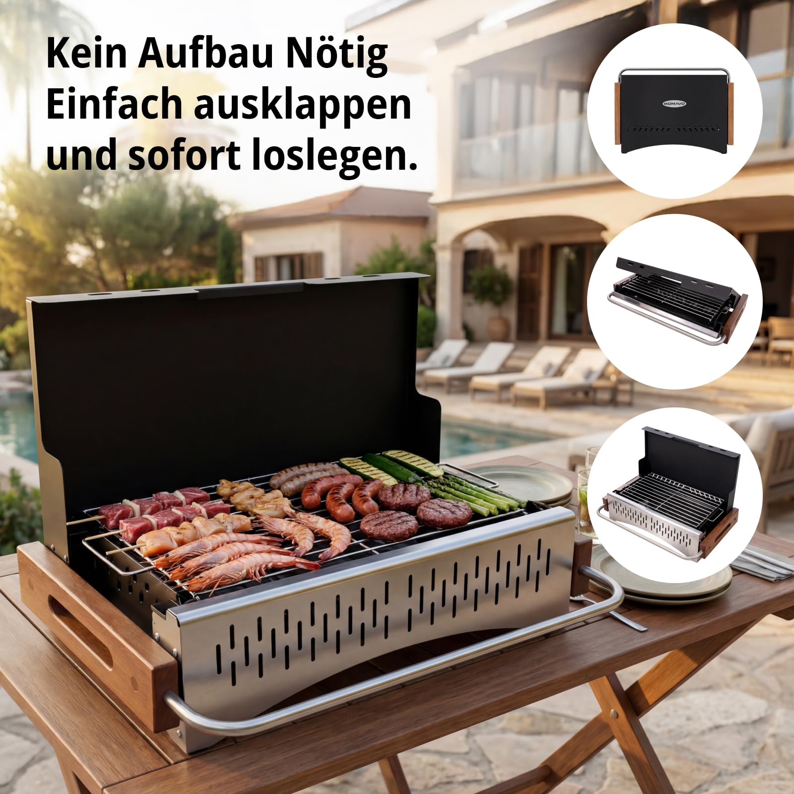 Holzkohlegrill tragbar mit Zubehörset, klappbarer Grill 38,15 x 20,95 cm, werkzeuglose Montage, 2-fach höhenverstellbar, ideal für Balkon Garten Camping