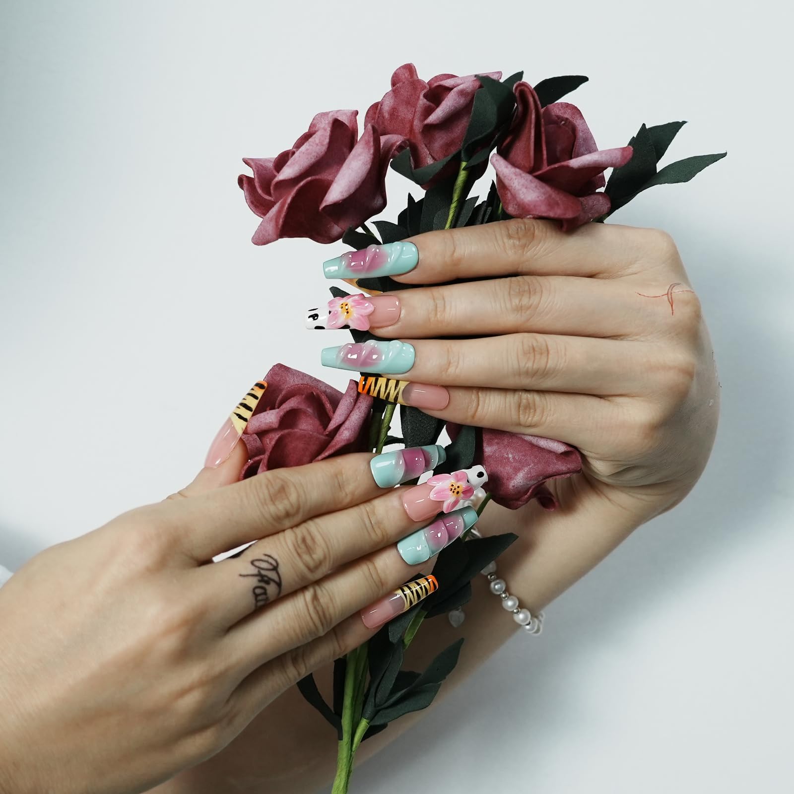 Handmade Press on Nails Long Coffin Muti-Layer Gel Fake Nails - 3D Lotus Flowers & Tiger Print, French Tip Glossy Thick Acrylic Nails (Playful Zebra with Lotus,S): S Cute Snowman