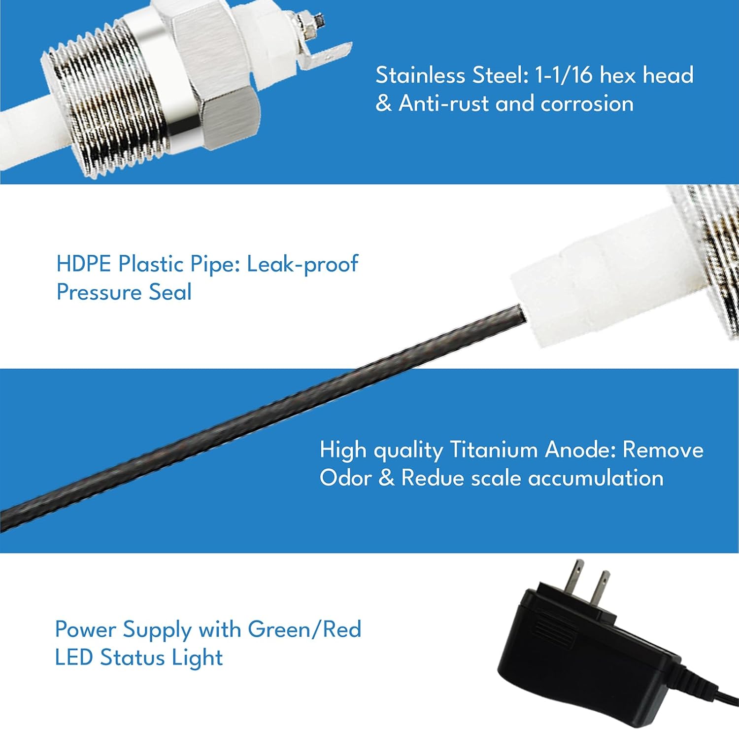 Powered Anode Rod for Water Heater Tank, Electric Anode Rod for Hot Water Heater, Electrical Titanium Anode Rod, Eliminates Rotten Egg Smell (Model B)