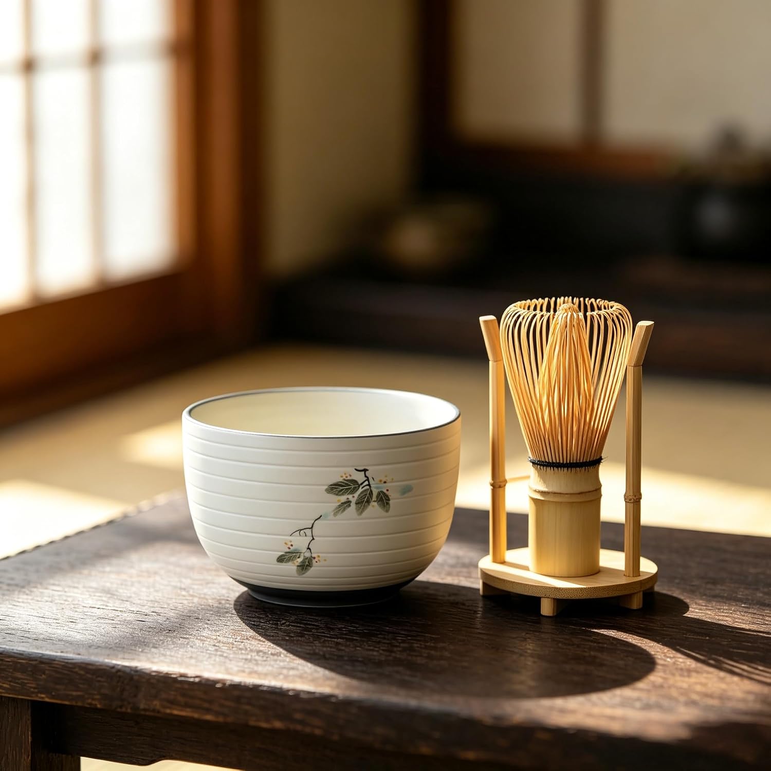 Hand-Painted Matcha Whisk Hold,Ceramic Matcha Kit,Handcrafted Bamboo Chasen,Bowl with Spout, fit for Matcha Beginners Ceremony and for Lovers Gift (8PCS Osmanthus Branch Matcha Holder Kit)