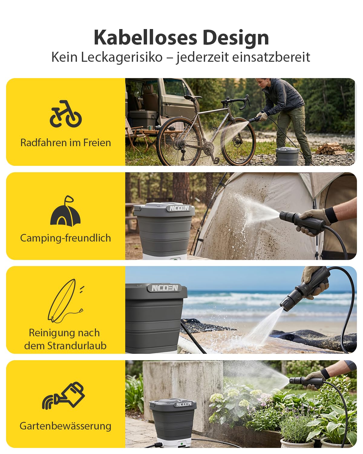 Tragbarer Hochdruckreiniger mit Wassertank 12L Kabellos, 4-in-1 Düsen, 2m Schlauch sowie Langer Akkulaufzeit – ideal für Fahrrad, Camping, Garten und Haustiere.