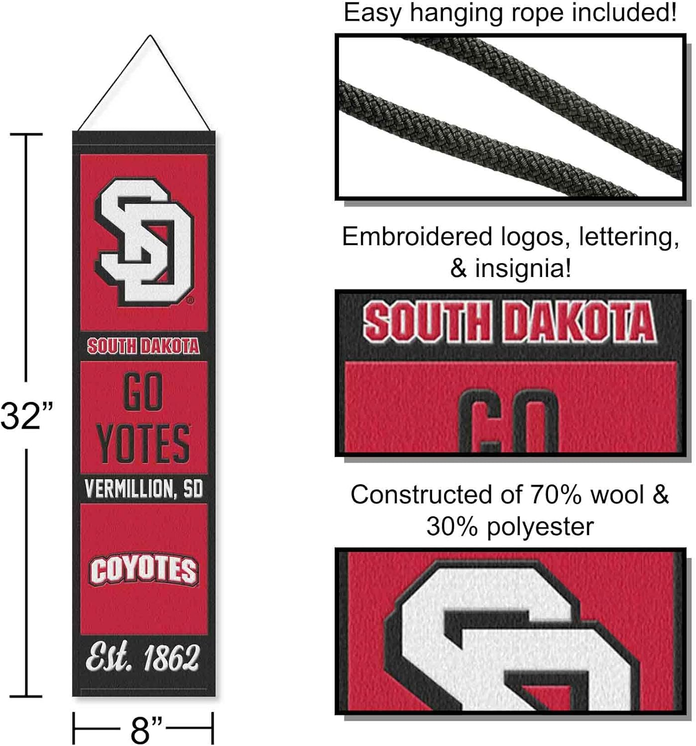WinCraft University of South Dakota Coyotes Evolution 8x32 Inch Vertical Wool Embroidered Hanging Banner