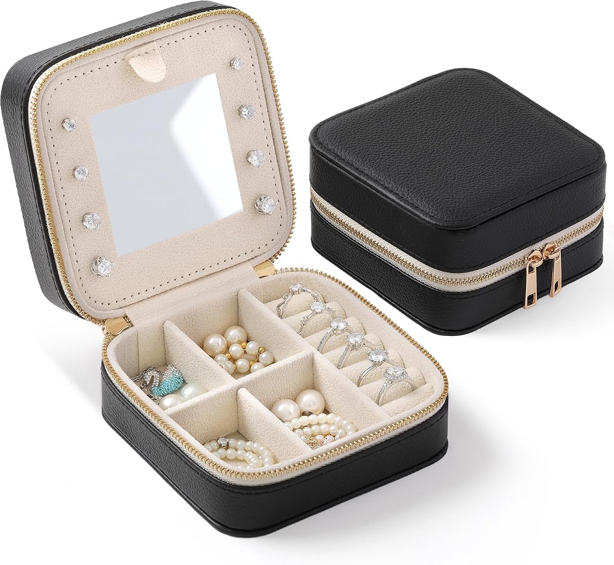 Genuine Leather Travel Jewelry Organizer Case with Mirror for Women, Small Mini Portable Jewelry Box for Ring Earrings Necklace Bracelet Luxury Gift for Women（Black）