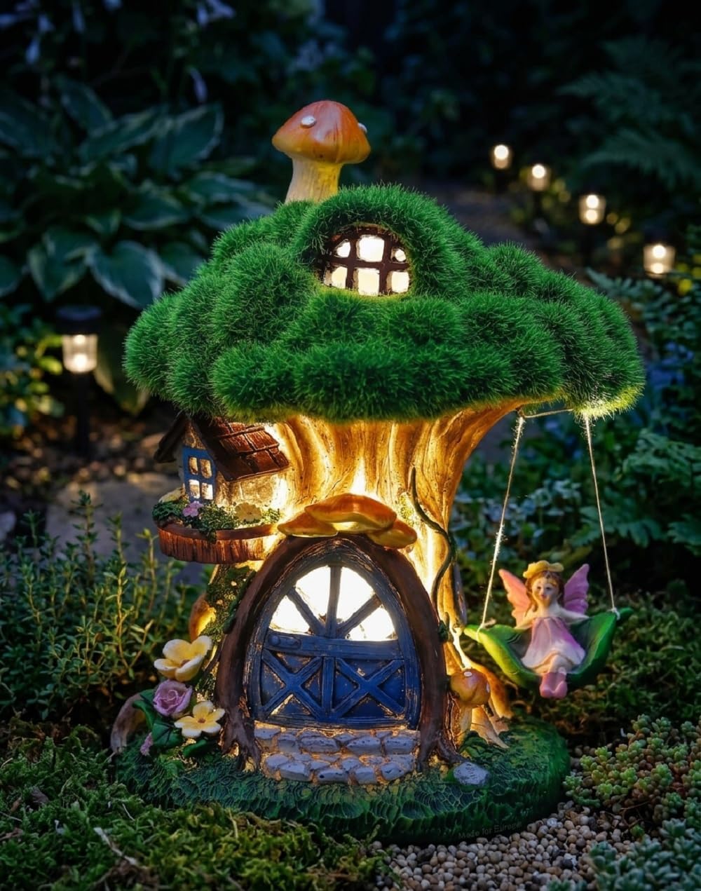 TERESA'S COLLECTIONS Garden Ornaments Outdoors, Solar Green Tree House with Swinging Fairy, Waterproof Resin Fairy House Ornaments, Indoor Outdoor 19.5CM