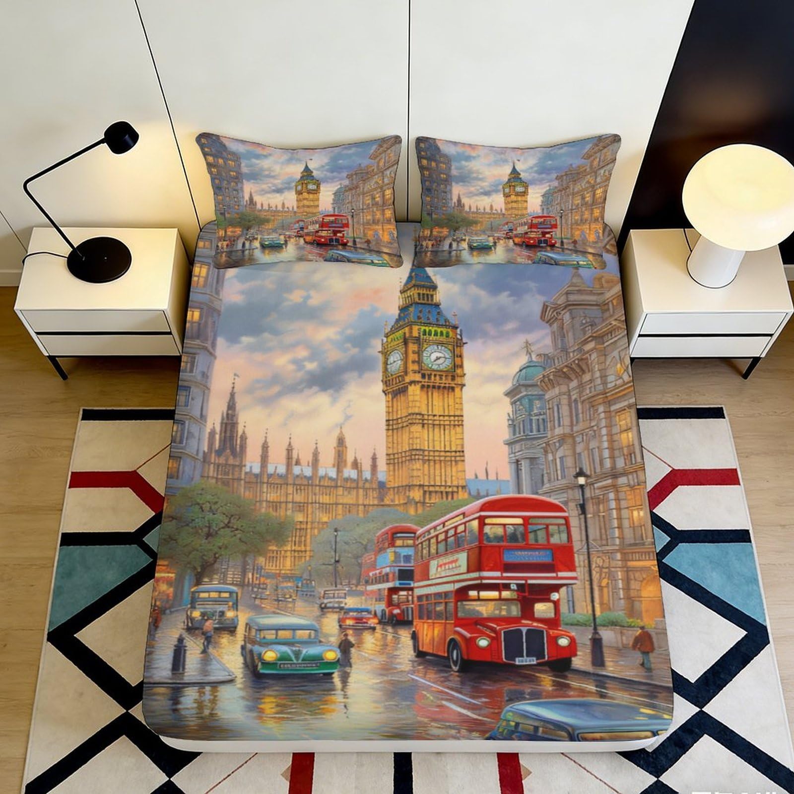 3D Printed London Cityscape Fitted Sheet Microfiber Double Decker Bus Bed Cover for Bedroom Guestroom Decor 90x200x25cm