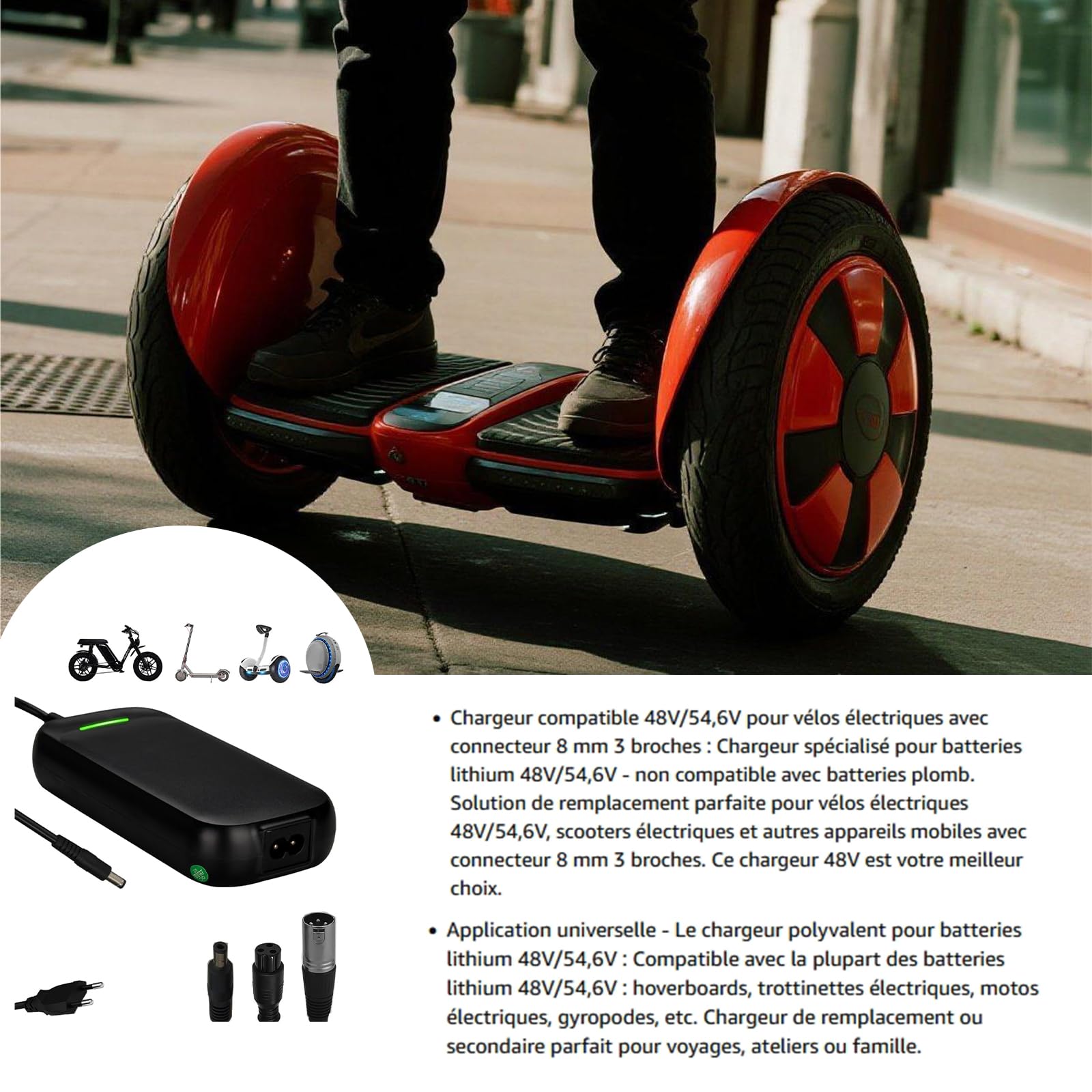 Chargeur Trotinette Electrique 54.6V 2A, Universel Chargeur Hoverboard avec 4 Connecteurs, 48V Chargeur Batterie de pour Velo Xiaomi M365 Ninebot Monocycle Scooter