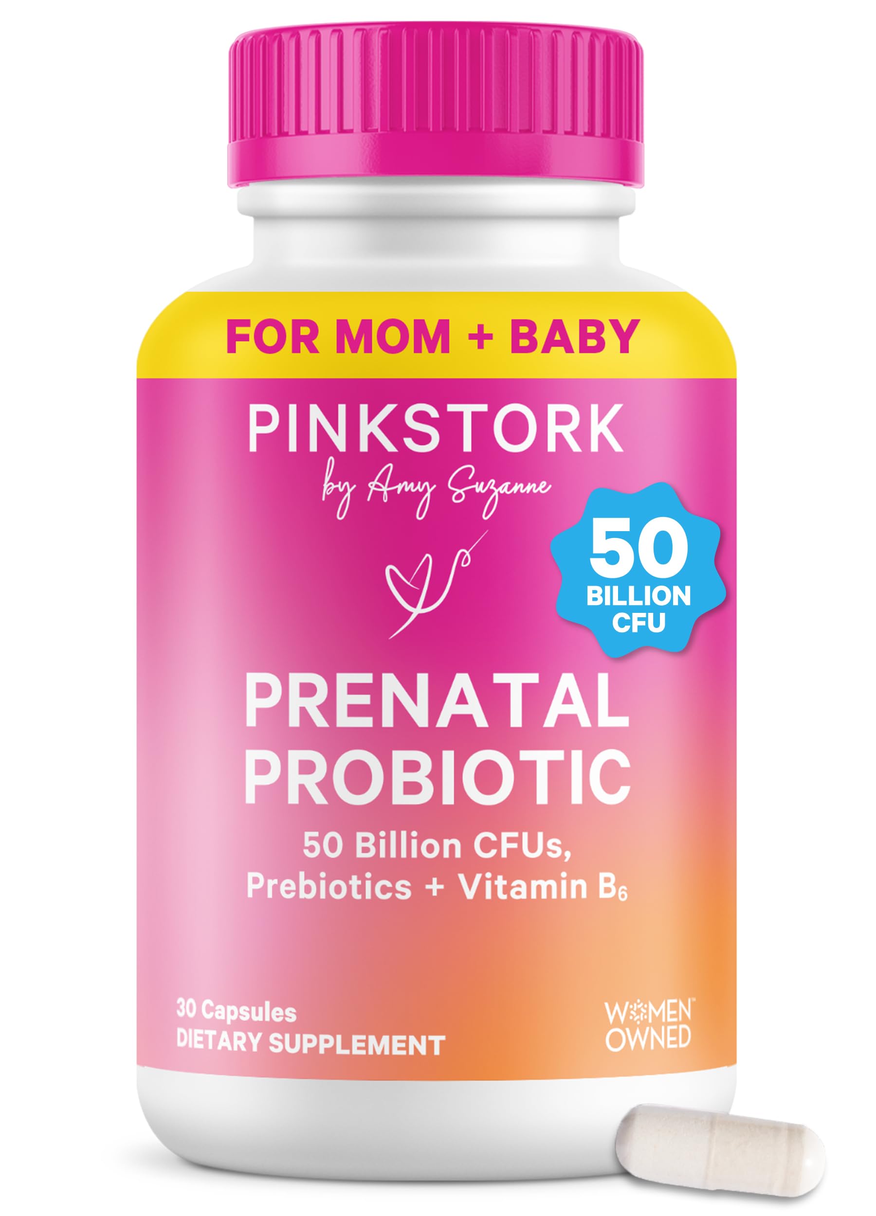 Pink Stork Prenatal Probiotics for Women | 50 Billion CFU | Vitamin B6 & Prebiotics | Pregnancy Probiotics for Morning Sickness | Digestive, Immune, & Gut Health | Pregnancy Must Haves, 30 Capsules