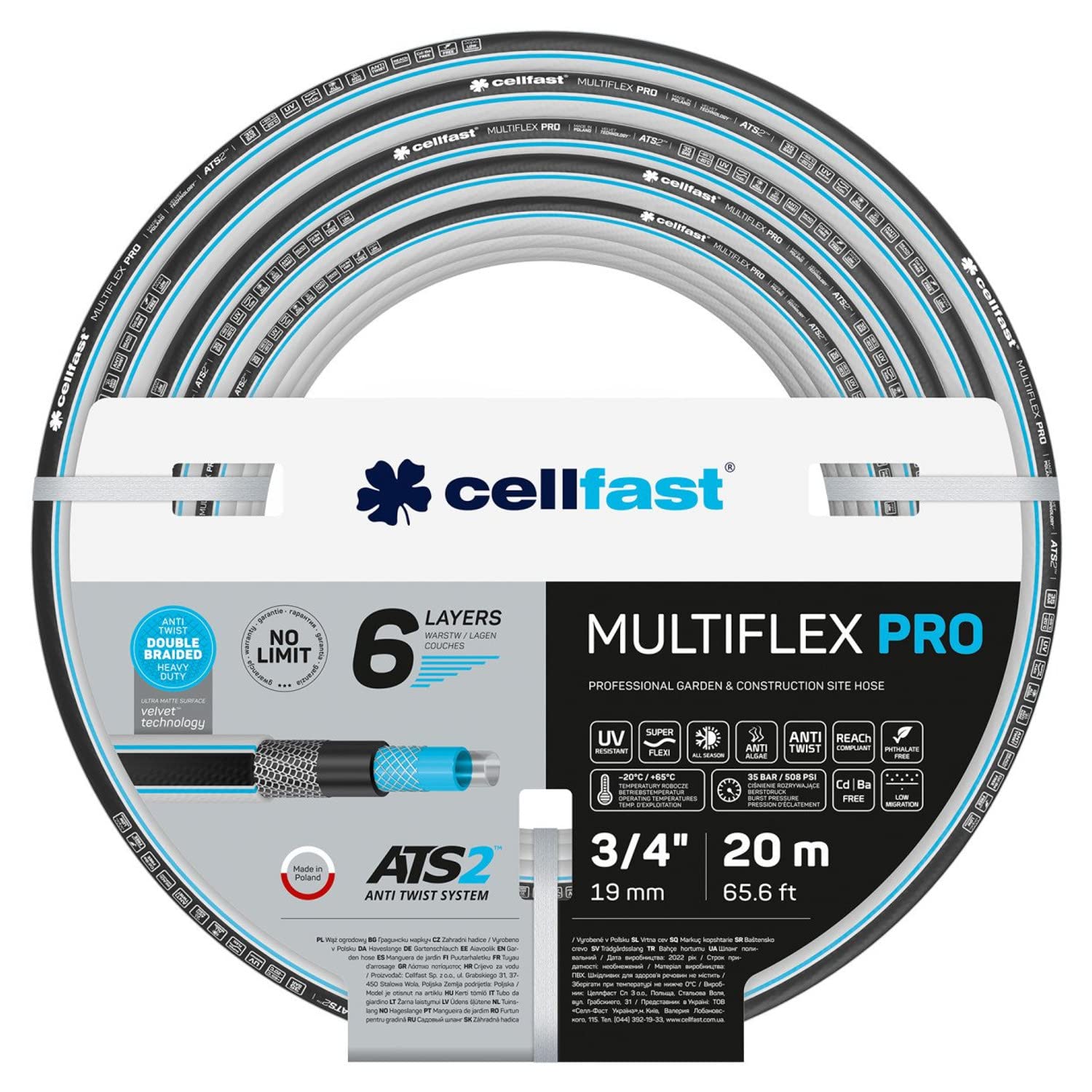 Cellfast Garden Hose MULTIFLEX PRO, Heavy Duty 6-Layer, ATS2 Tricot Braid, UV and Algae Resistant, Free of Heavy Metals, Velvet Technology, 35 Bar, -20/+65°С Temp. 3/4", 20m