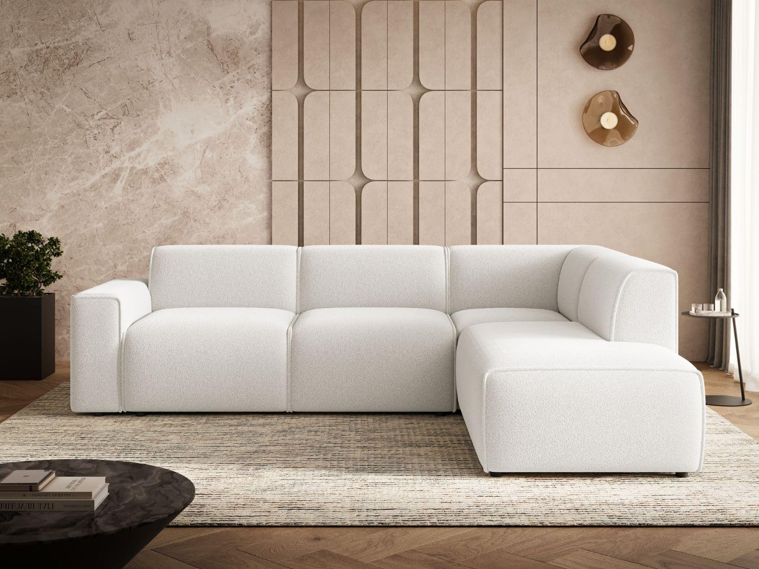 GRAINGOLD Eluno Ecksofa 292x220 cm, L-Form Sofa, Sofa für Wohnzimmer, Bouclé Stoff, 4-Sitzer Eckcouch, Modernes Design (Weiß, Rechts)