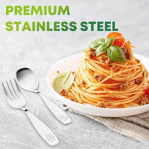 Miniatura 5 de Juego de cubiertos de acero inoxidable para niños de 8 piezas, 4 tenedores y 4 cucharas, bonitos juegos de cubiertos para niños con pulido de