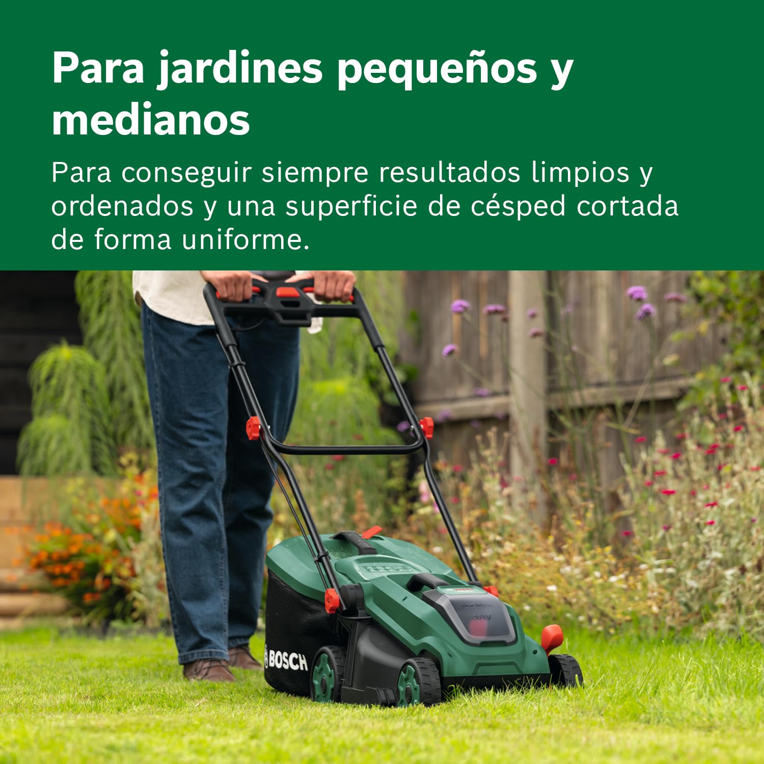 Bosch cortacésped a batería ROTAK18V-32 | anchura de corte: 32 cm, altura de corte: 25-65 mm, cesto de tela de 35 l, tapón para triturado, incluye batería y cargador