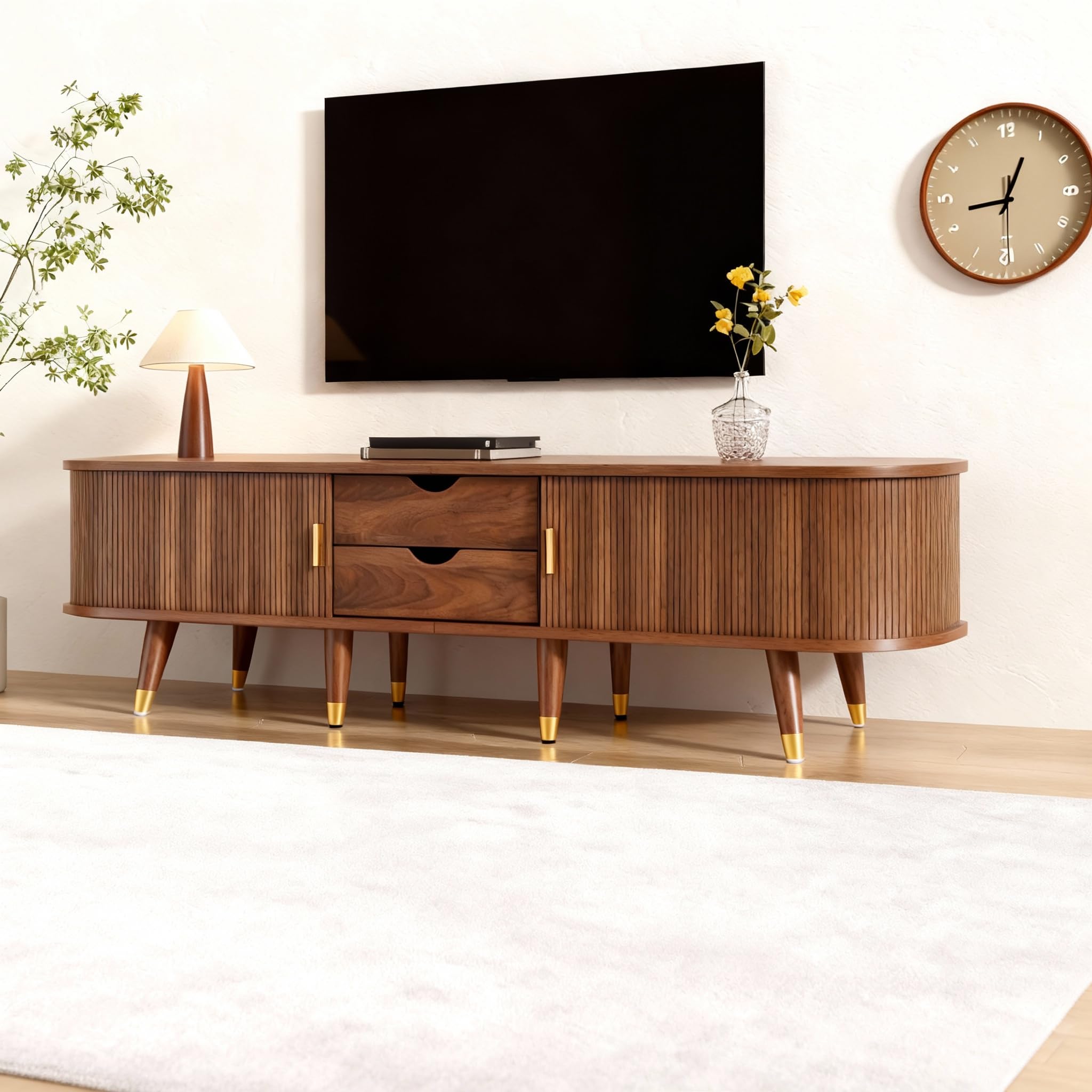 Jaxenor 175cm TV Cabinet with 2 Sliding Doors and 2 Drawer, Oval TV Stand Cabinet with 2-Tier Storage Shelf, Modern Entertainment Unit for Living Room, Suitable for 70 Inch TV, Walnut