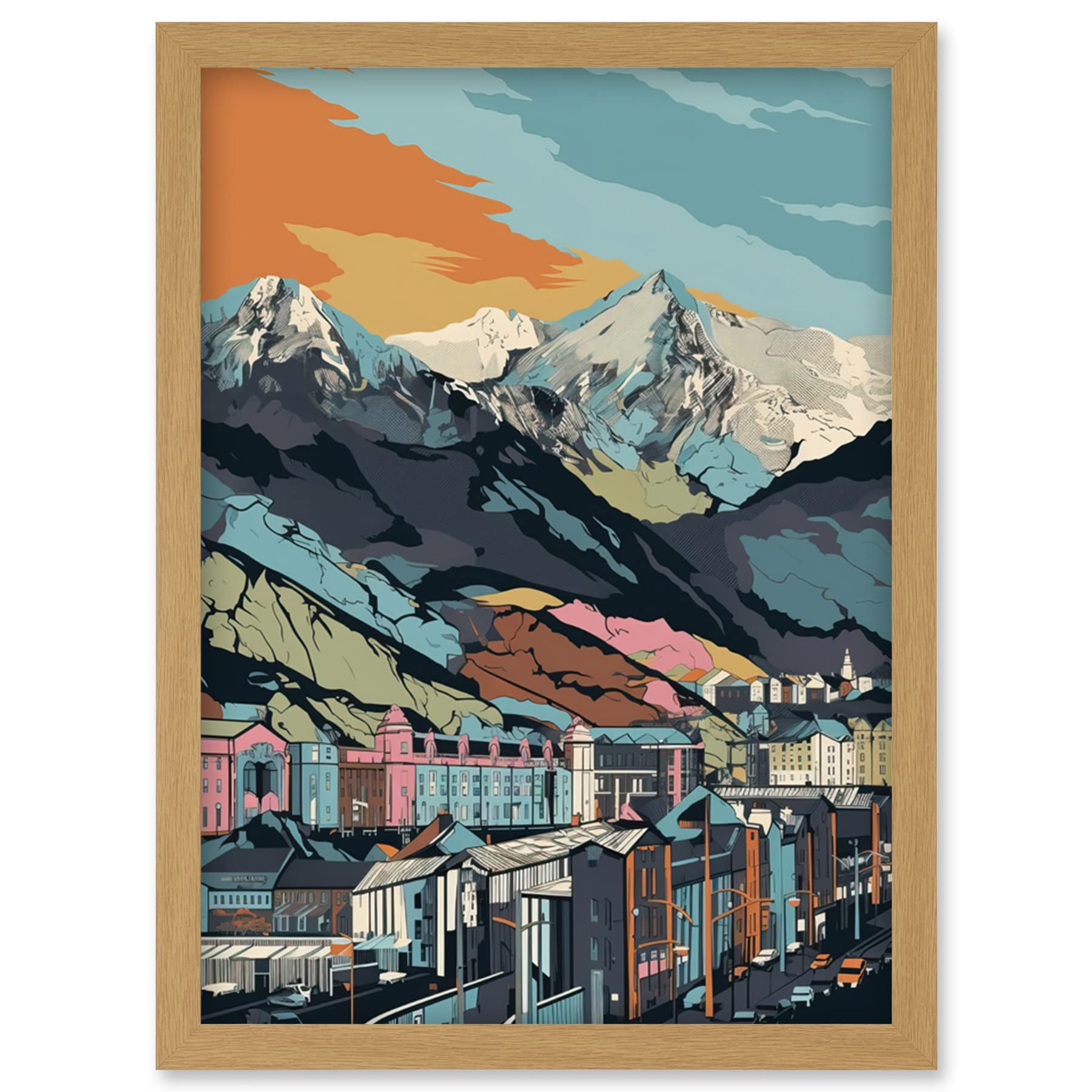 Artery8 Cityscape Under Rocky Mountain Range Modern Artwork Framed Wall Art Print A4