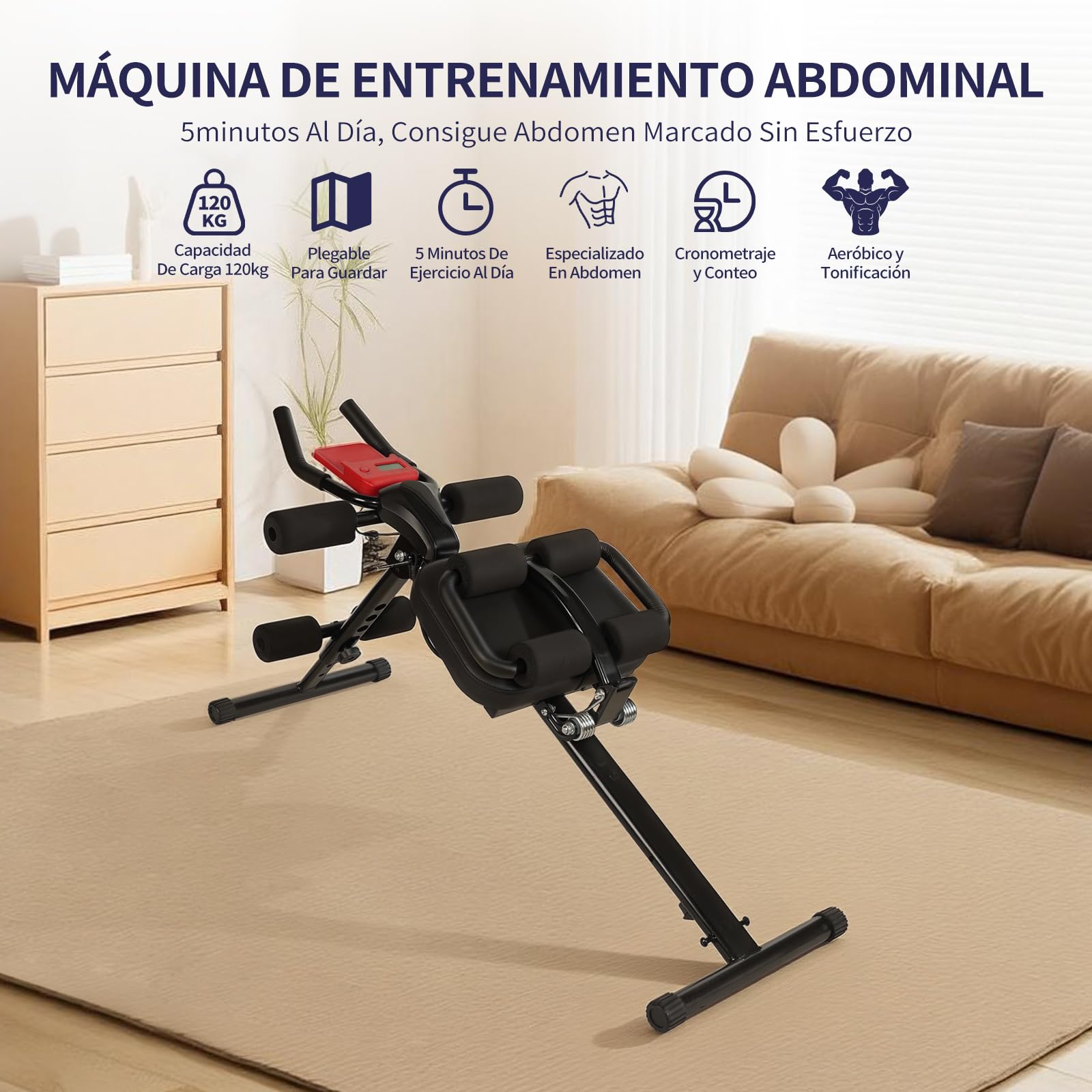 Entrenador Abdominal Multifuncional Plegable con Pantalla LCD, Cojín Acolchado Extra Grueso, Empuñaduras Antideslizantes de Espuma, para Ejercicios de Abdominales y Bíceps en Casa
