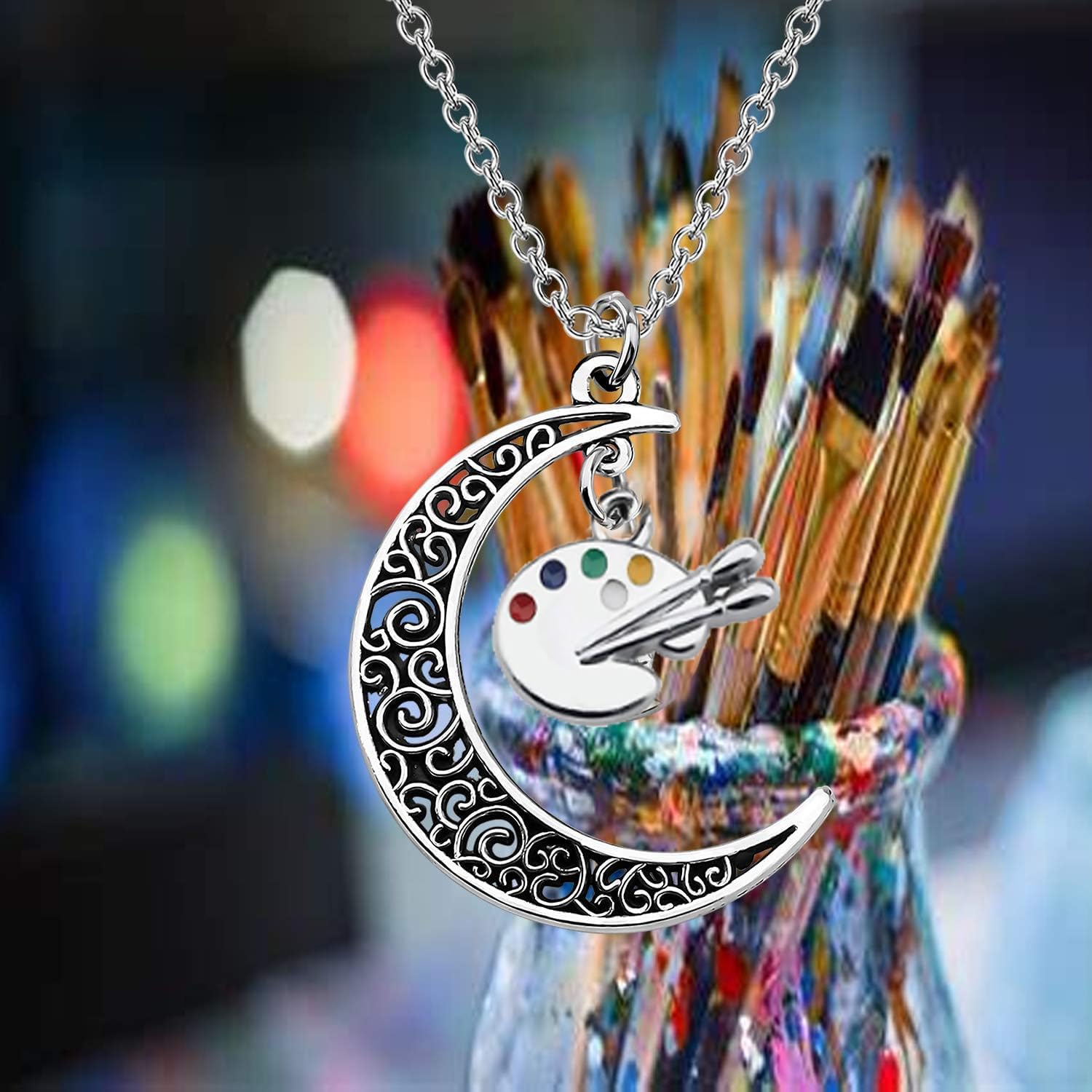 BEKECH Artist Gift Crescent Moon Charm Paint Palette Pendant Necklace For Her - Image 4