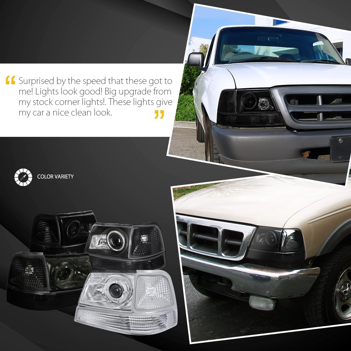 Autozensation Compatible with 1998-2000 Ford Ranger Black Smoke Halo Projector Headlights + Corner Signal Lights L + R Pair