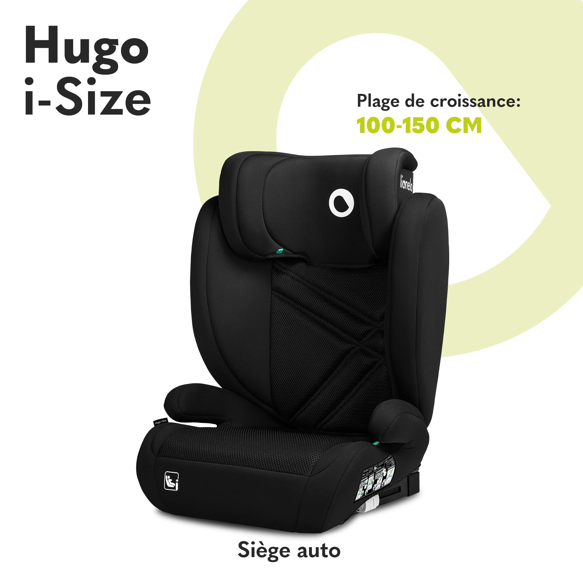 LIONELO HUGO I-SIZE Rehausseur Voiture Enfant Siège Auto Groupe 2 3 100-150 cm ISOFIX Appui-tête Réglable Memory Foam Protection Latérale Accoudoirs BLACK CARBON