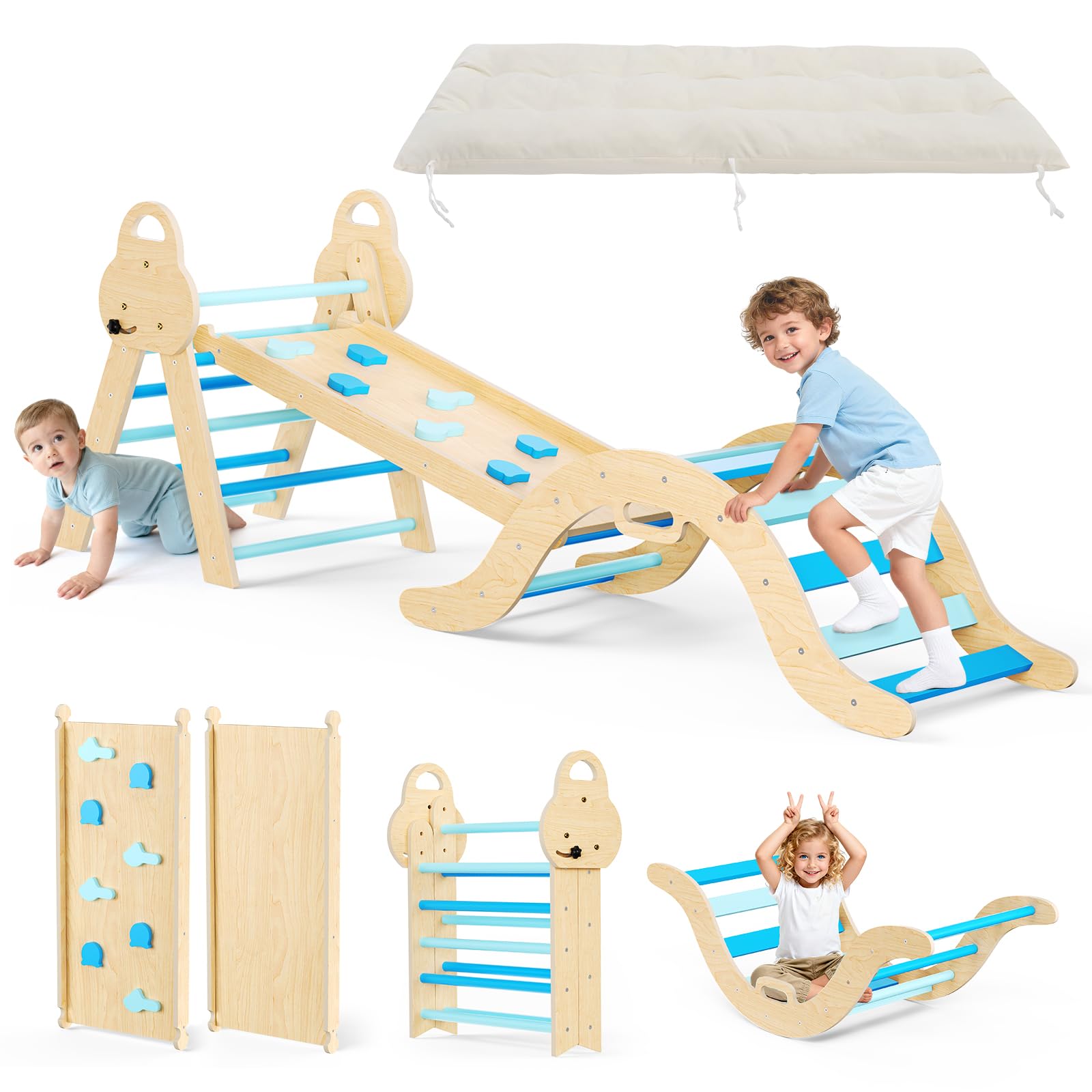 7-en-1 Triangle Set,Juego de Escalada Montessori con cojín, Juguetes para trepar en Interiores, gimnasios de Juegos para Interiores,Juguetes para Escalar para Parques Infantiles（Azul）