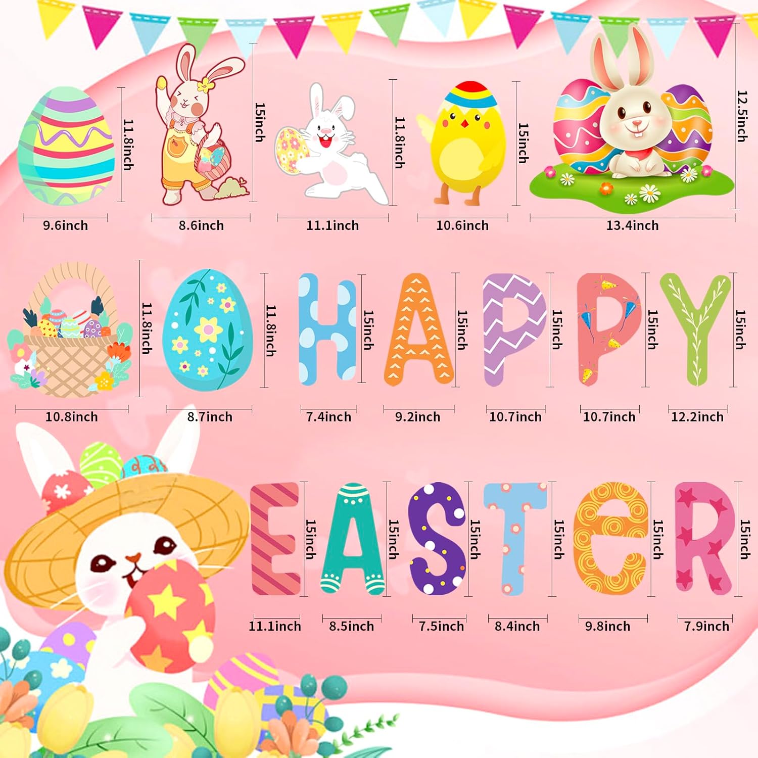 18 PCs Easter Decorations Happy Easter Yard Signs with Stakes, Giant Modern Multi Colored Plastic Yard Signs, 15 x 11.1 Inches, Stake Mount, Weatherproof, Reusable