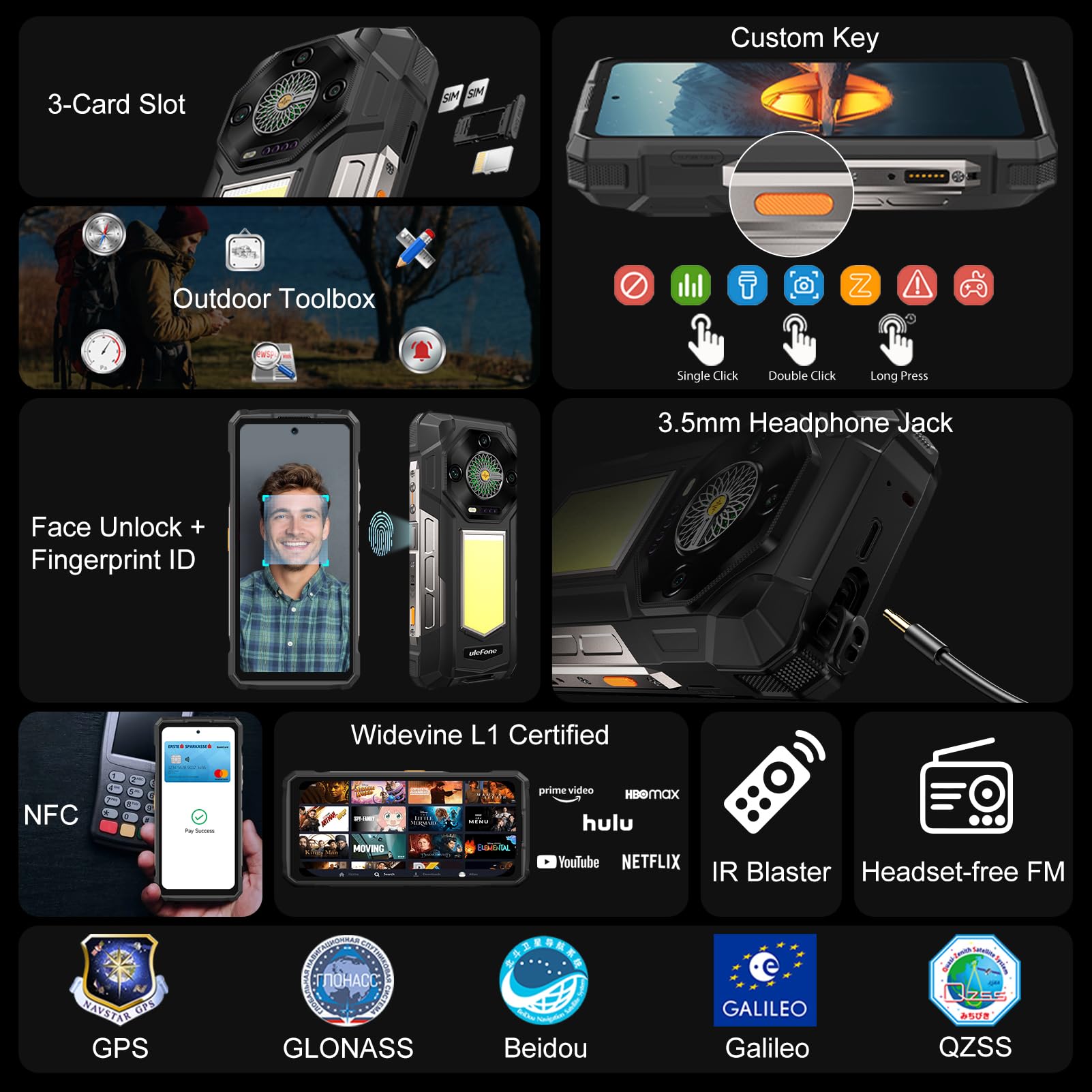 Ulefone Armor 33 Outdoor Handy AI Smartphone 25500mAh 66W 24GB+512GB/SD-2TB, 6,95" FHD+ 120Hz 118dB Lautsprecher Android 15 mit 1100LM Vielseitiges LED-Licht 50MP + 64MP Nachtsicht /3-Slots/OTG/NFC