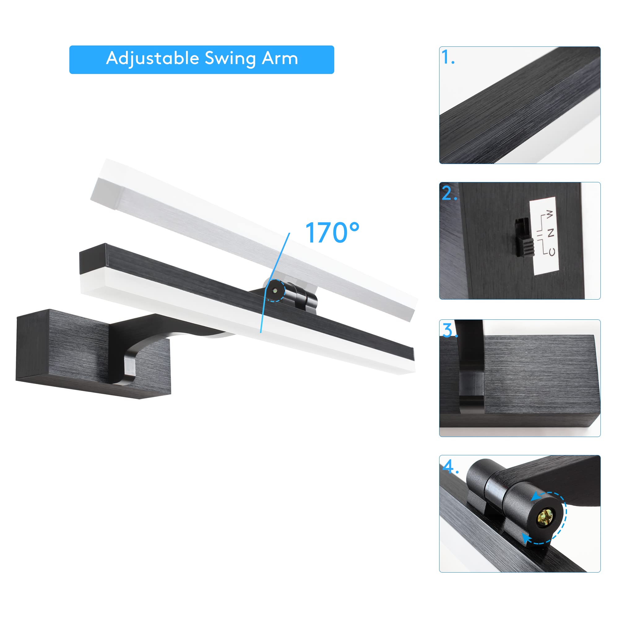 MantoLite badezimmer wandleuchte 8 W 40 cm LED-Spiegelleuchte Schwarz Dimmbar Bilderleuchte Leseleuchte Wandlampe 3000 K/4500 K/6000 K Geeignet für Innenbeleuchtung