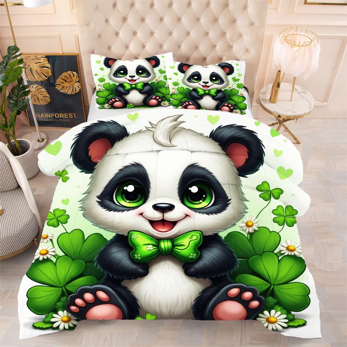 Couette 160x200 Panda avec 2 taies d'oreiller lit simple imprimé lavable