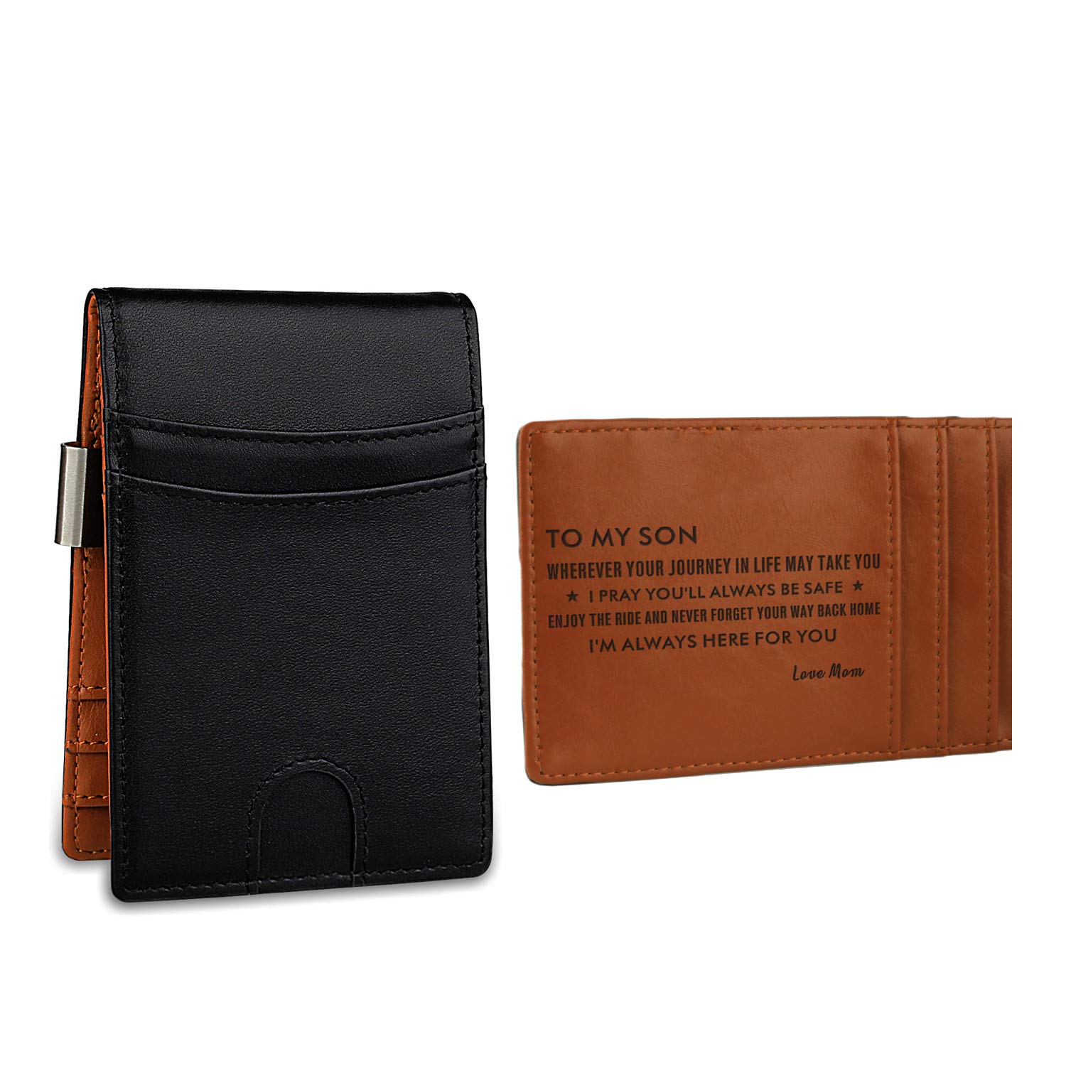 awofer Gifts for Son from Mom Gifts Ideas for Son Birthday Gifts Graduation Gifts Slim Men Wallet with Money Clip Personalized Engraved Wallet