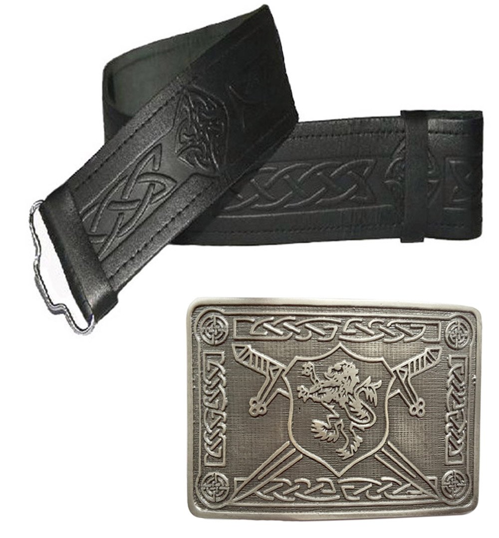 Leather Kilt Belt and Buckle - Many Sizes and Designs to choose from (Size 36-42 inches, Embossed Black with Antique Shield Buckle)