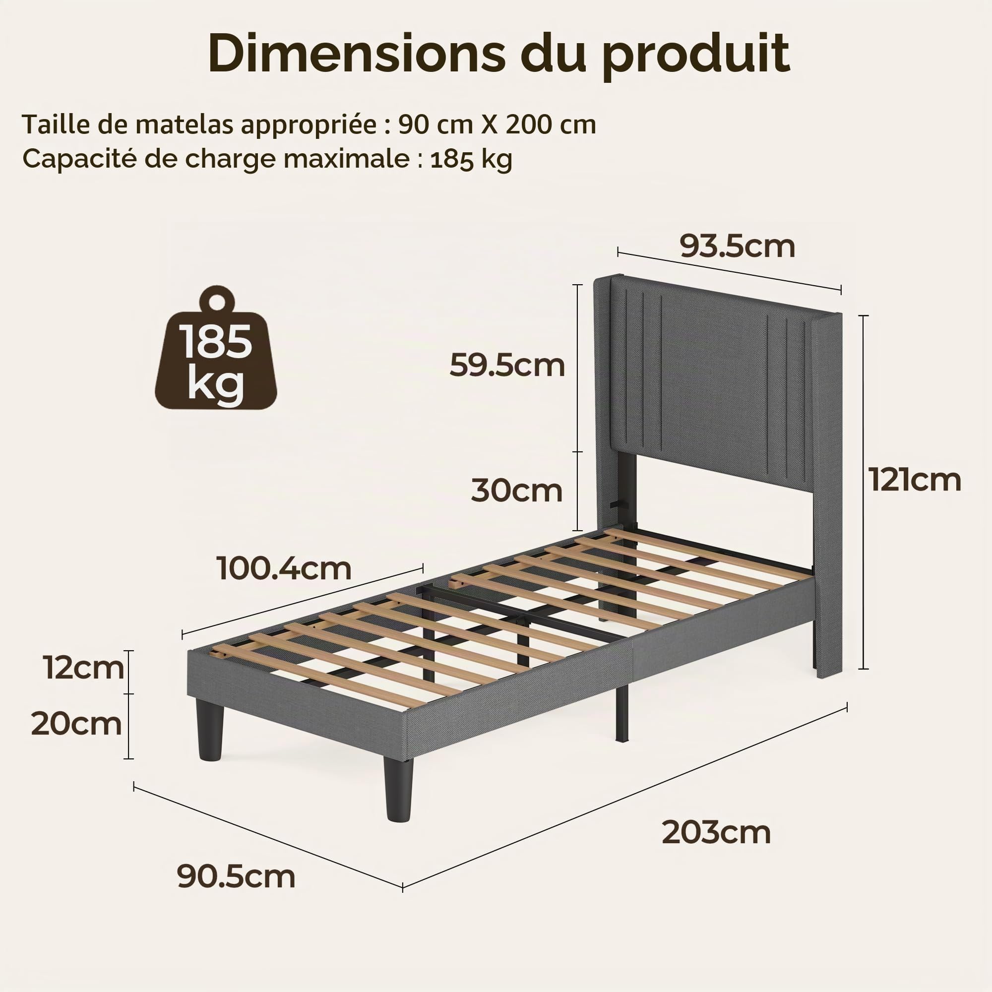 Lit capitonné 90x200 cm, Cadre de Lits avec tête de lit et sommier à Lattes, en Tissu Solide, Cadre de lit rembourré, pour Adolescent et Chambre d'amis, Gris Foncé