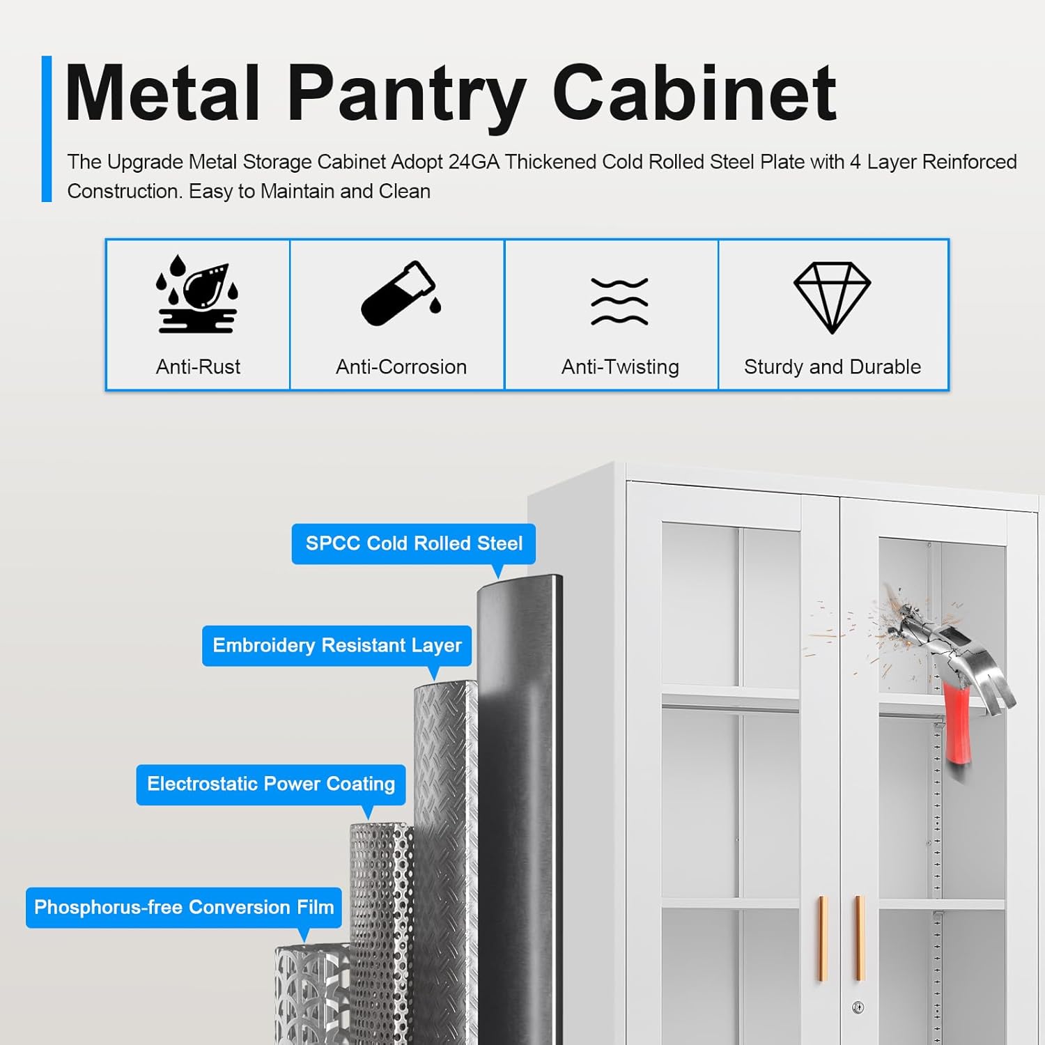 Display Cabinet with Glass Doors, 71'' Tall Curio Cabinets with Lock, Metal Glass Display Case for Collectibles, Living Room, School, Commercial, White, Assemble Required