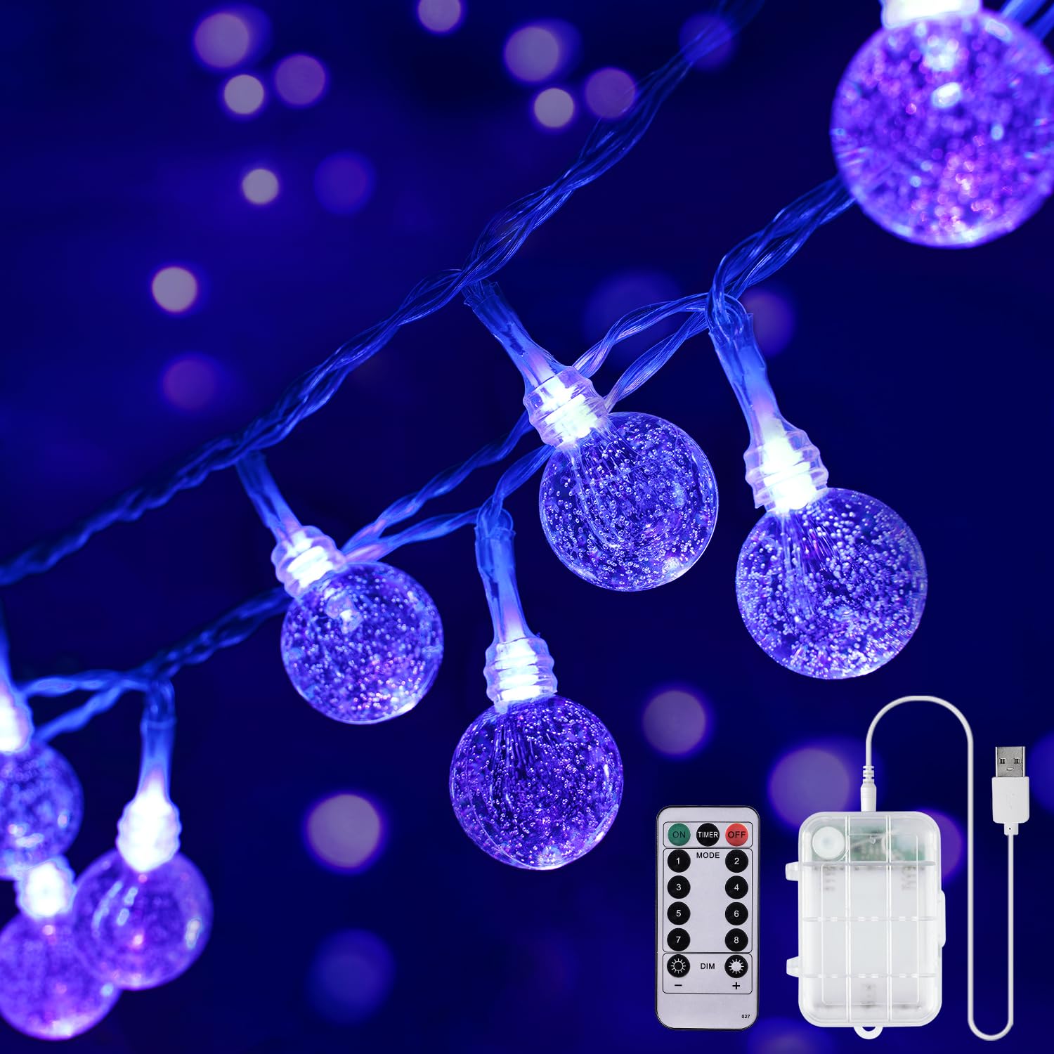 OMIKA 2 Pack Globe Fairy Lights Battery Operated, 15Ft 30LED UV Black String Lights 8 Modes with Remote Waterproof Indoor Outdoor Decorative Christmas Black Lights for Bedroom Glow Party Patio Garden
