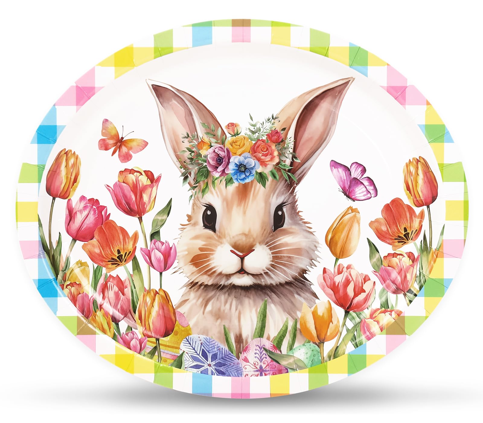 JarThenaAMCS Ovale Oster-Pappteller, niedliches Kaninchen-Blumenmuster, groß, pastellfarben, kariert, Einwegteller für Ostern, Frühling, Party, Geschirr, Zubehör, 25,4 x 30,5 cm, 50 Stück