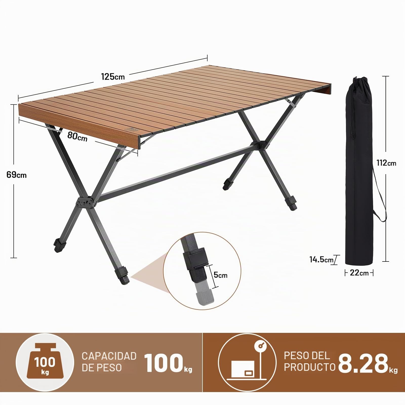 TIMBER RIDGE Mesa de Camping Plegable XXL 125 X 80 cm Altura Ajustable Mesa Plegable Multifuncional Portátil para Jardín Mesa Grande para 6 Personas Ideal para Exteriores, Picnic y Cocina