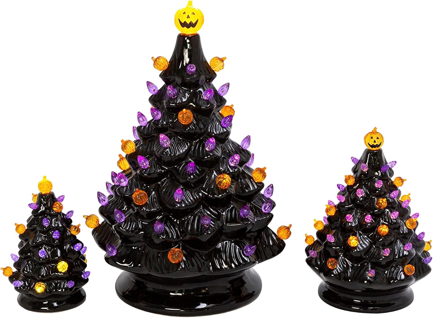 3-Pc Light Up Black Ceramic Dolomite Trees Purple Orange Lights Halloween Tree Set, 3 Sizes - Large, Medium, Small