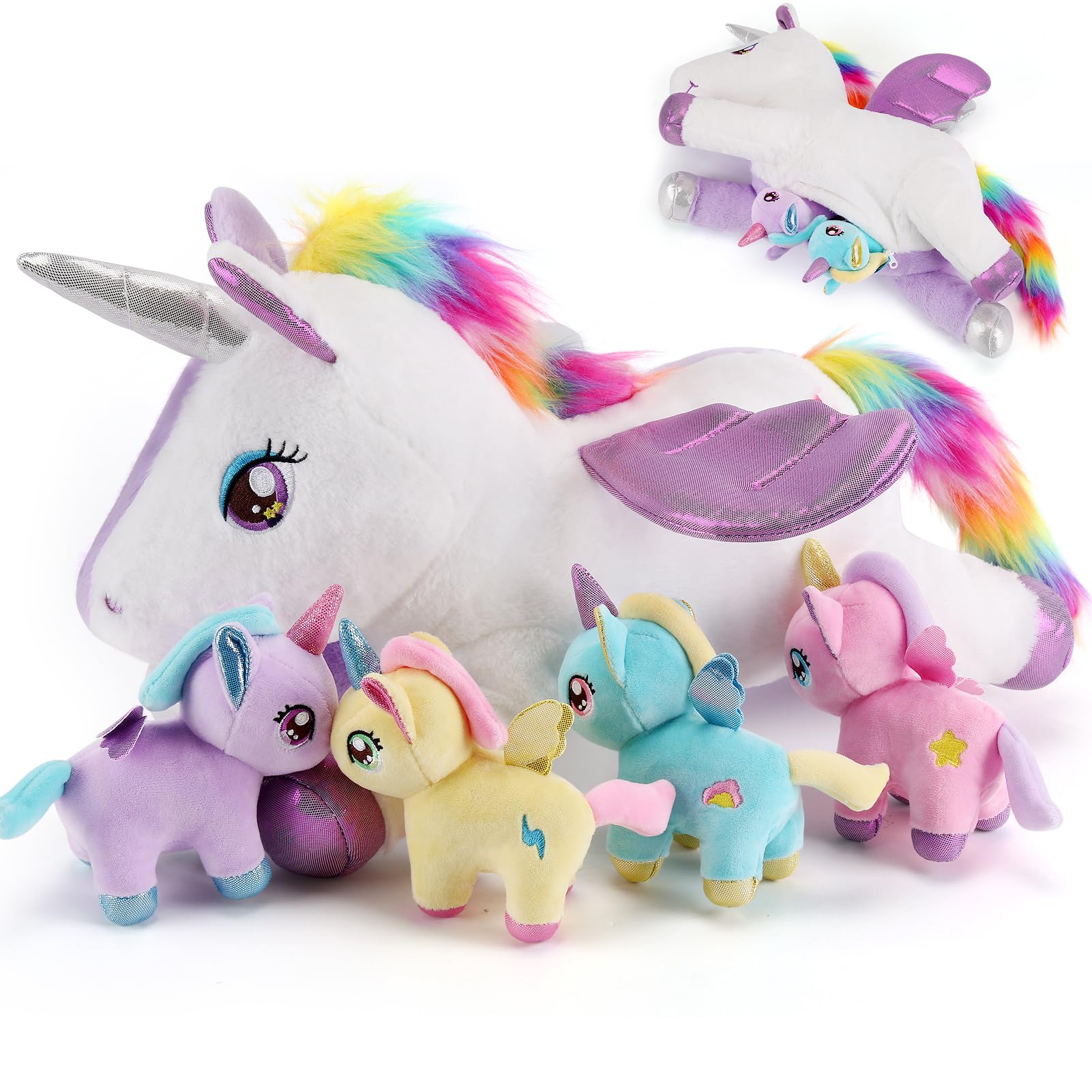 gnomantic 5 Pieces Unicorn Stuffed Animals - 1 Mommy Stuffed Unicorn with 4 Babies - Unicorns Gifts for Girls Ages 3 4 5 6 7 8, Unicorns Plush Toys