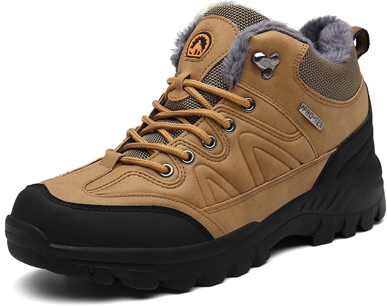 Men’s Warm Fur Lined Non-Slip Lug Sole Hiking Sneakers Winter Mid Top Lace-up Comfort Arch Support Slip-on Collision Avoidance Outdoor Walking Backpacking Sports Ankle Boot