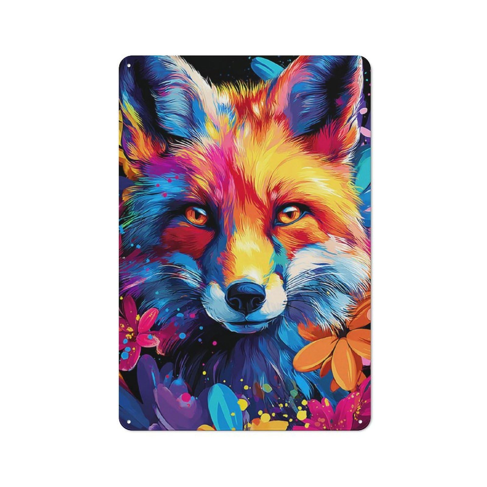 Junmoney Colorful Fox In Flowers Warehouse Style Tin Wall Sign 30X20cm Featuring Loft Wall Plaque For Loft, Studio, Office Or Creative Room